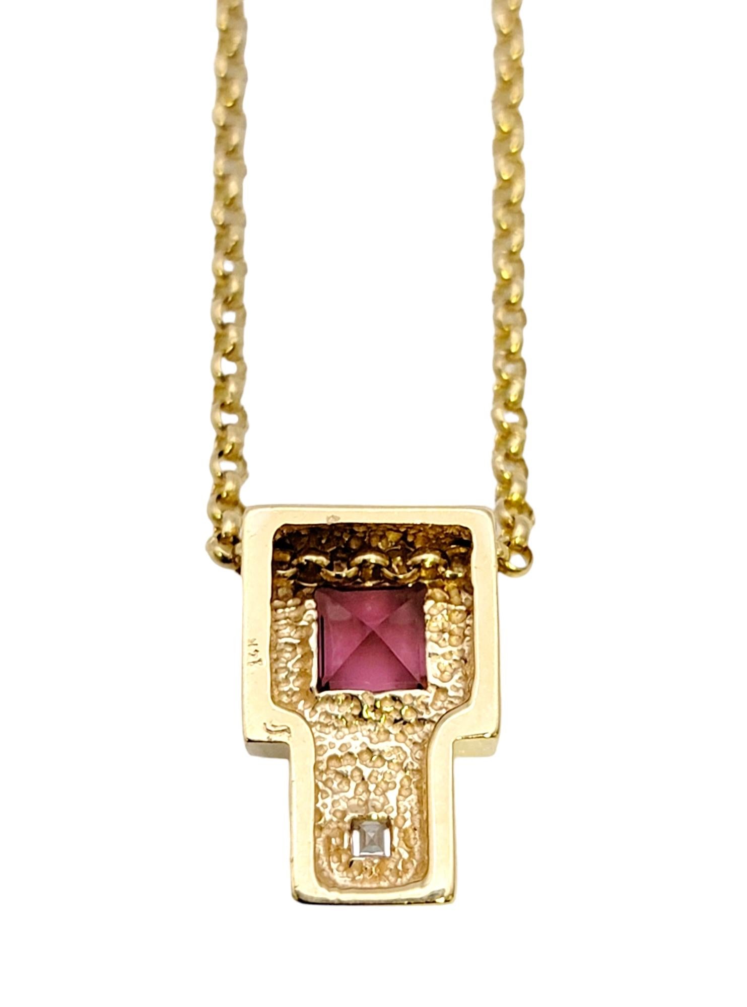 Contemporary Square Cut Pink Tourmaline and Diamond Yellow Gold Pendant Necklace For Sale 5