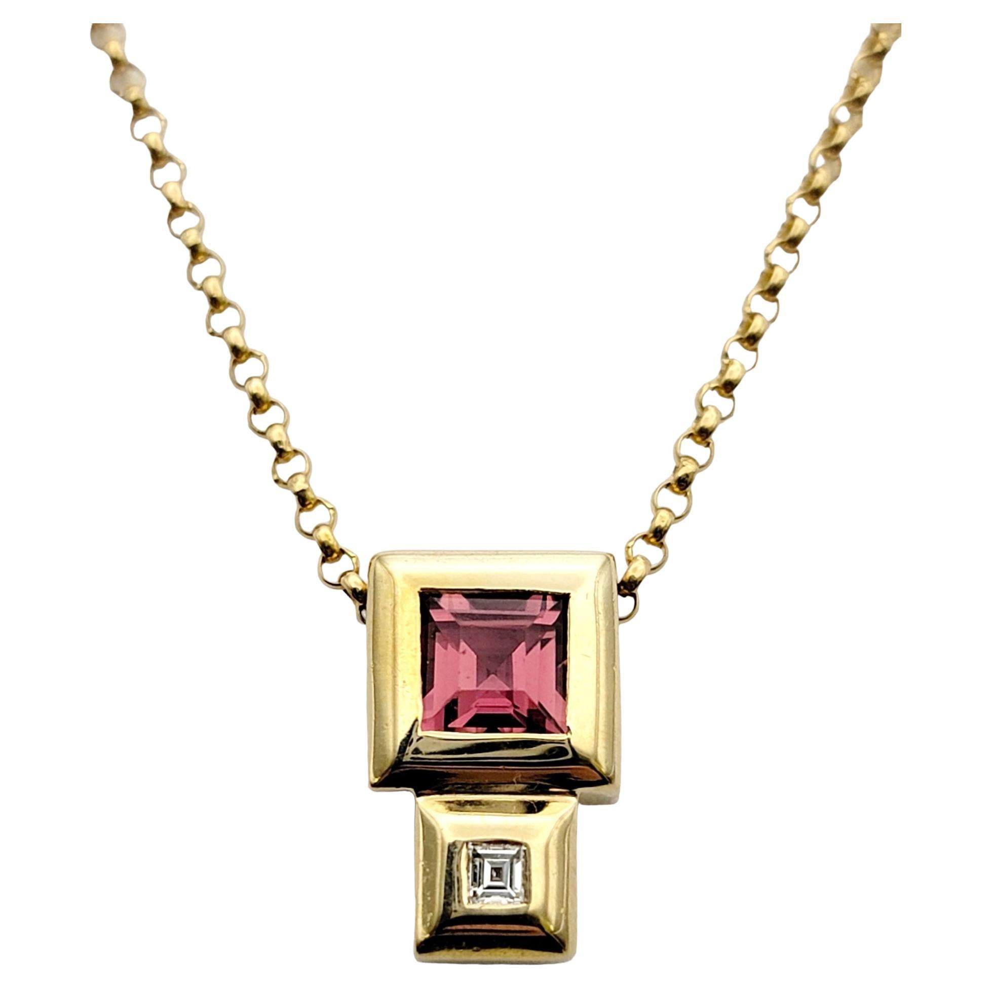Contemporary Square Cut Pink Tourmaline and Diamond Yellow Gold Pendant Necklace For Sale
