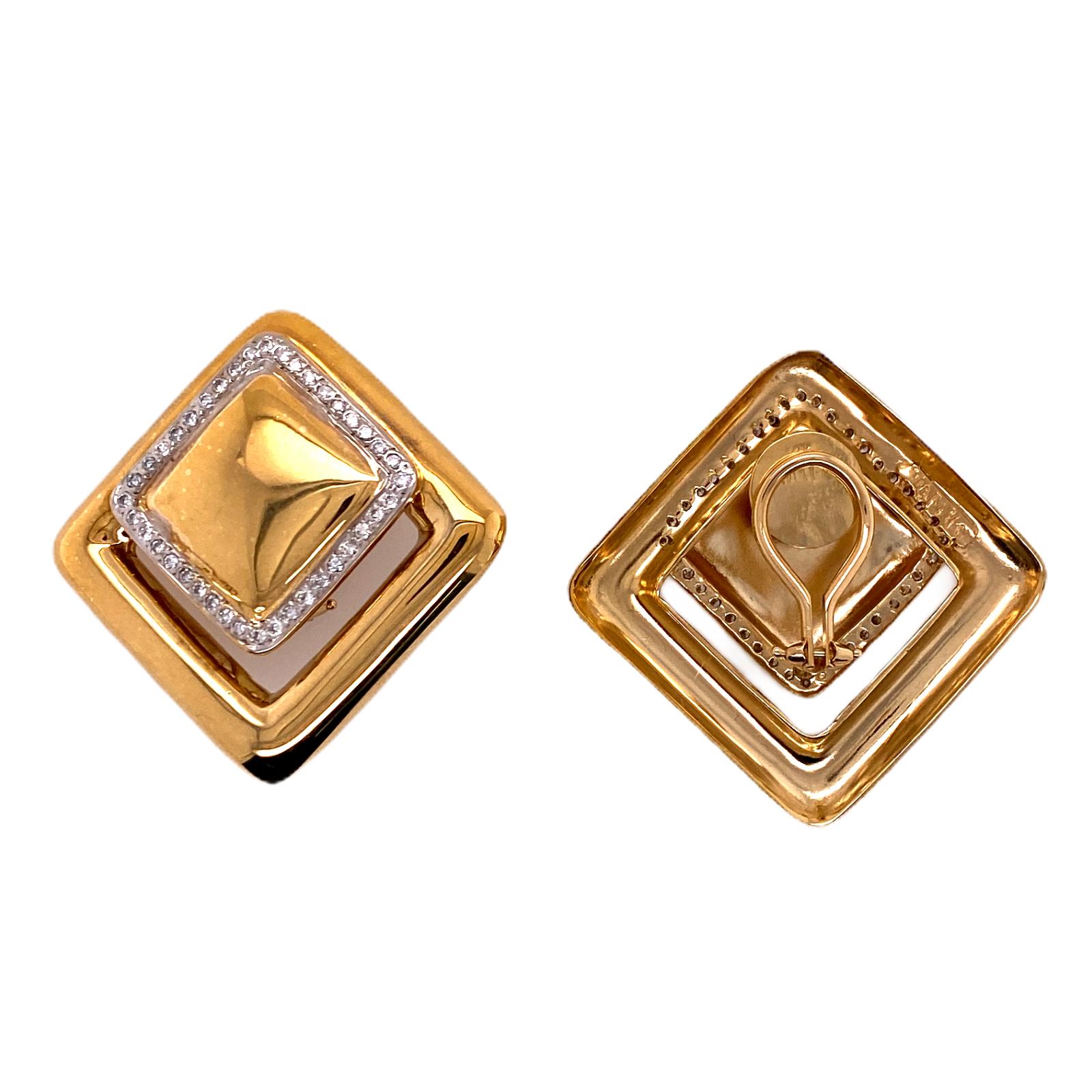 Fabulous large square diamond earrings fashioned in 14 karat yellow gold. The earrings feature 80 round brilliant cut diamonds weighing approximately 1.10 carat total weight. The diamonds are graded H-I color and SI clarity.  The earrings measure