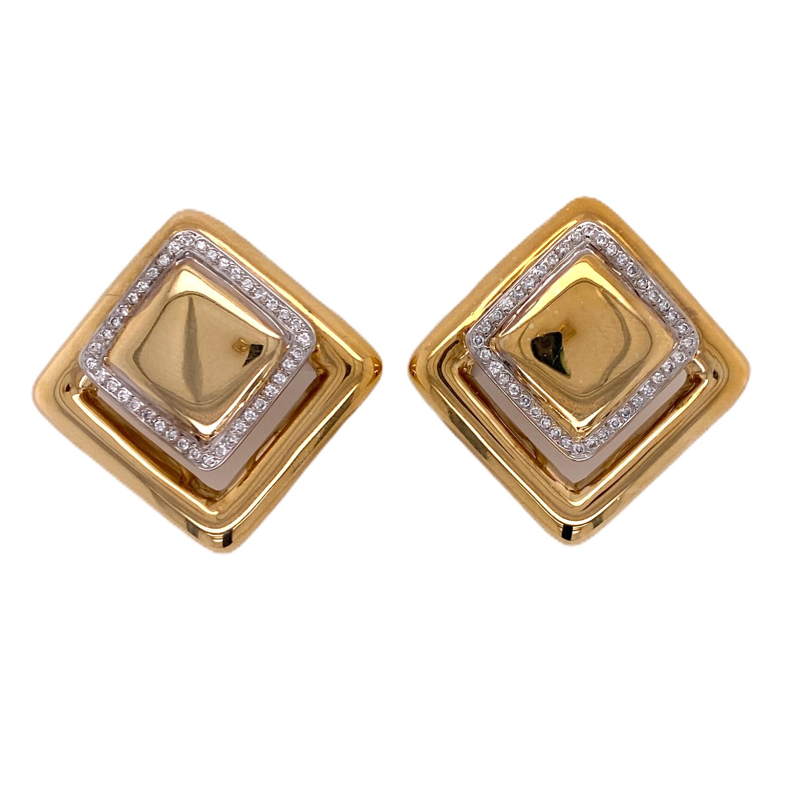 Round Cut Contemporary Square Diamond Yellow Gold Earrings Clip Backs
