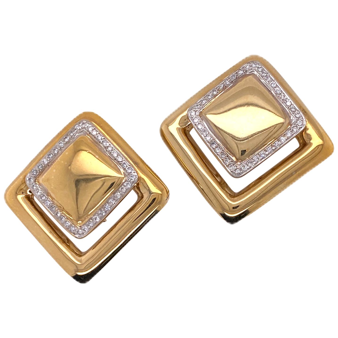 Contemporary Square Diamond Yellow Gold Earrings Clip Backs