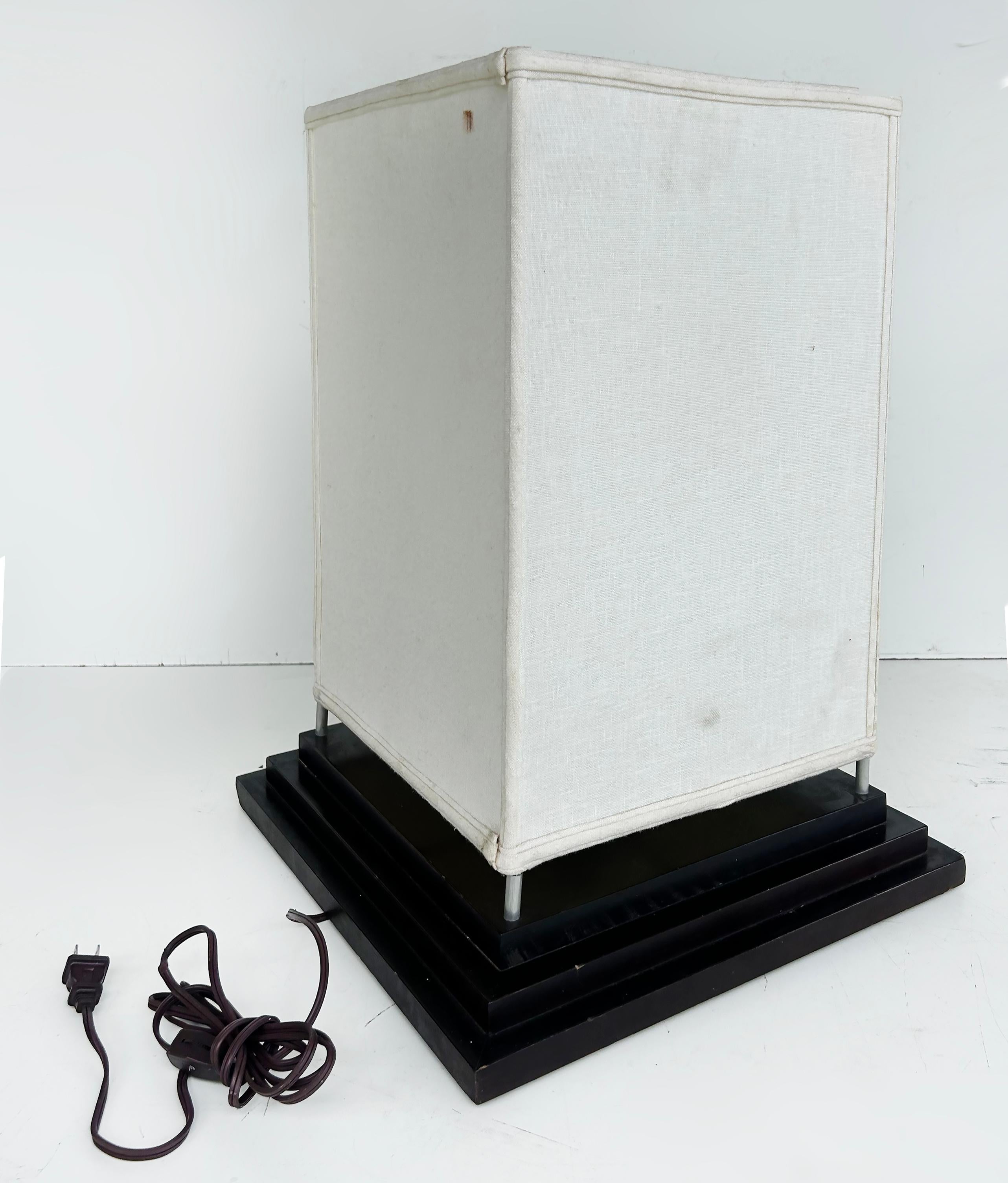 Ebonized Contemporary Square Fabric Table Lamps on Wood Bases, Pair, Wired and Working For Sale