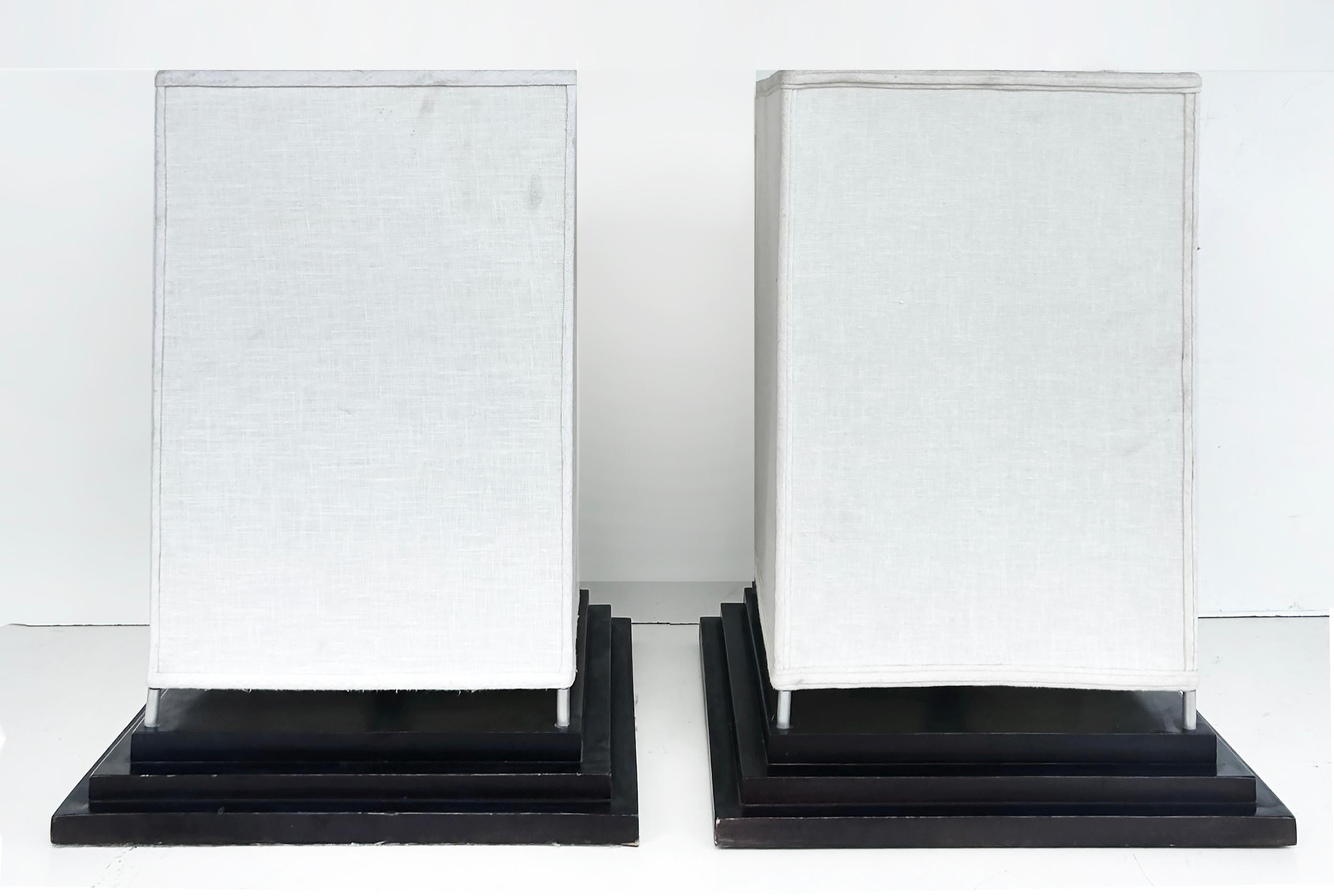 20th Century Contemporary Square Fabric Table Lamps on Wood Bases, Pair, Wired and Working For Sale