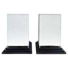 Contemporary Square Fabric Table Lamps on Wood Bases, Pair, Wired and Working