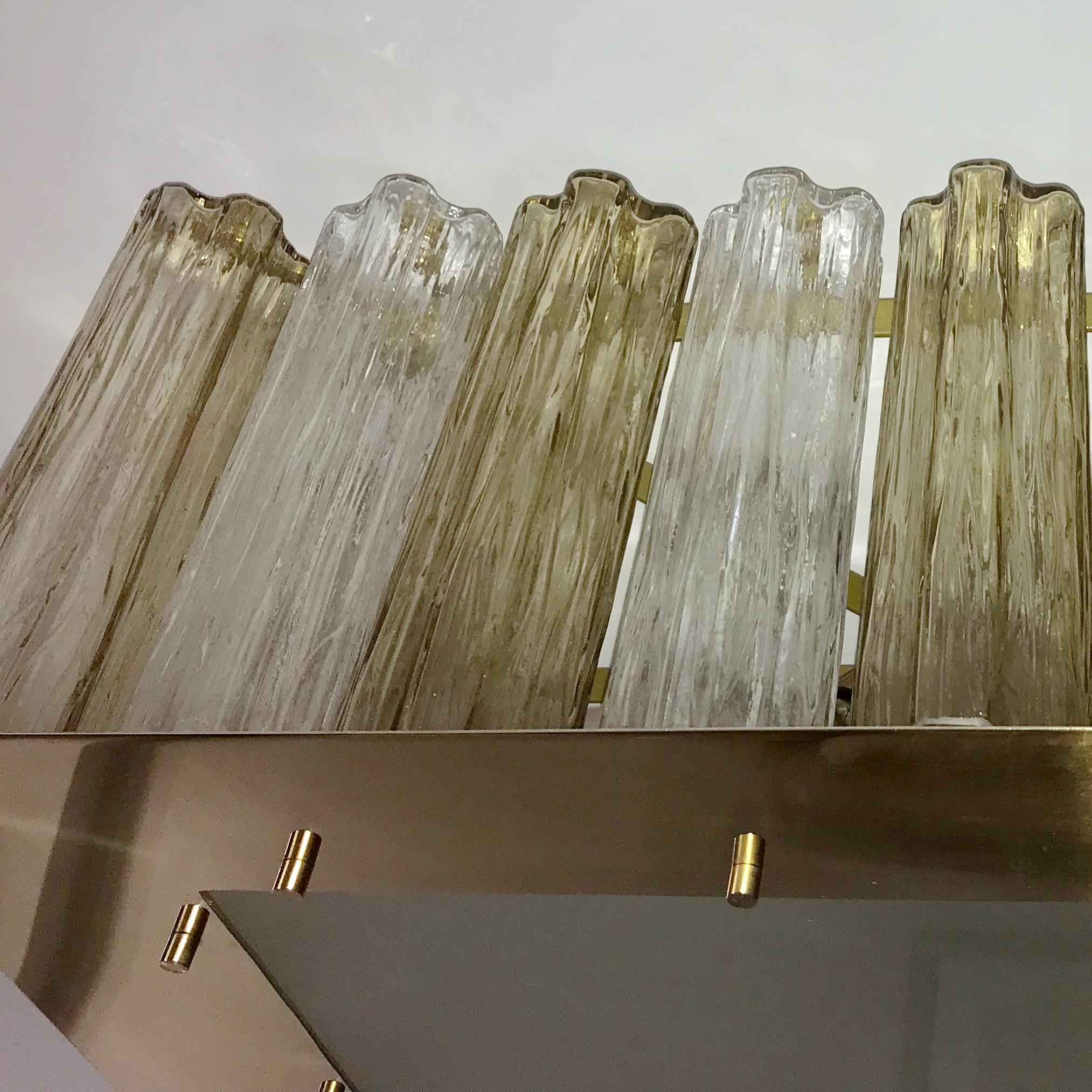 Satinato Lampadario a filo contemporaneo quadrato in cristallo italiano e vetro di Murano ambrato in vendita