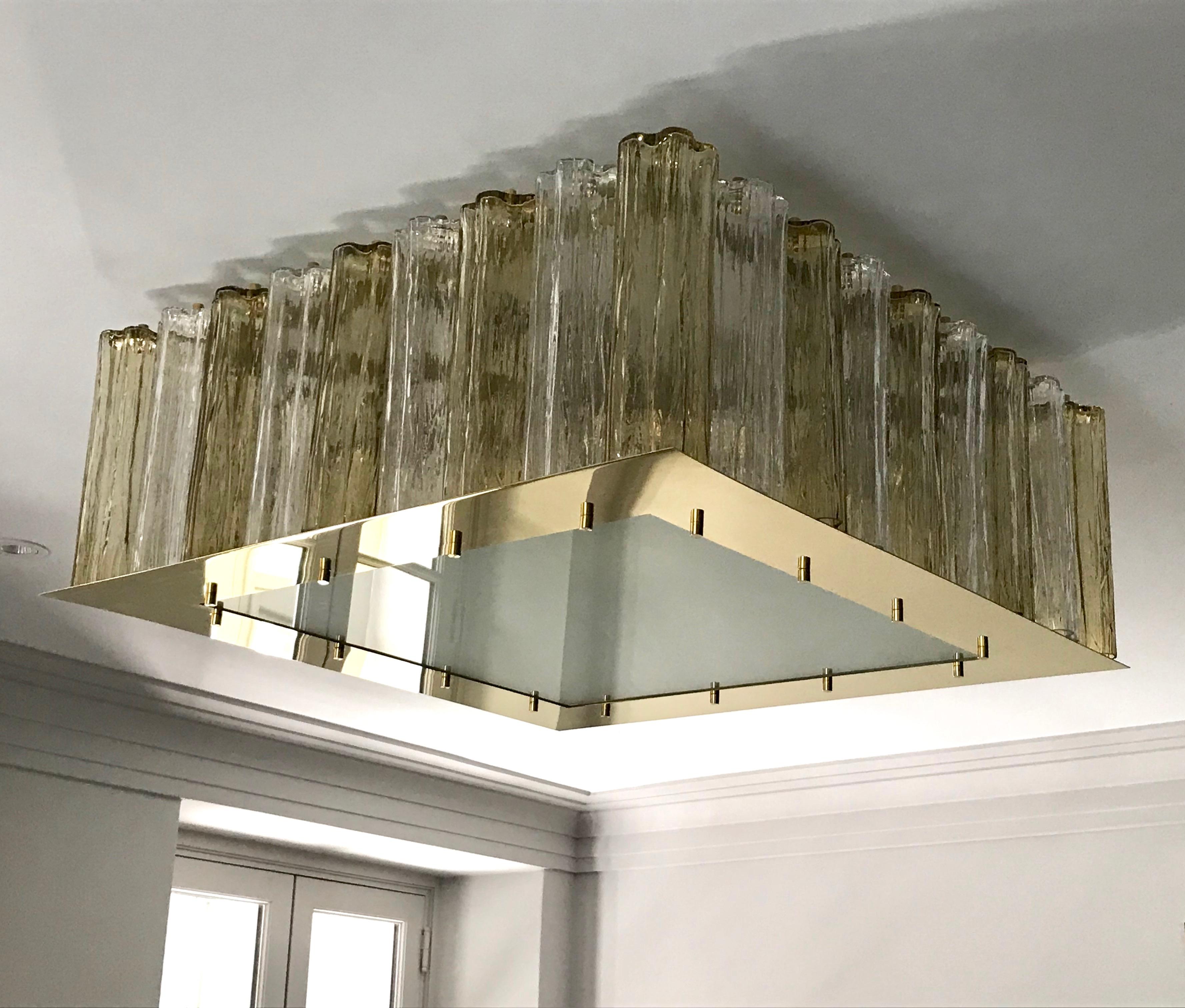 Lampadario a filo contemporaneo quadrato in cristallo italiano e vetro di Murano ambrato in vendita 1