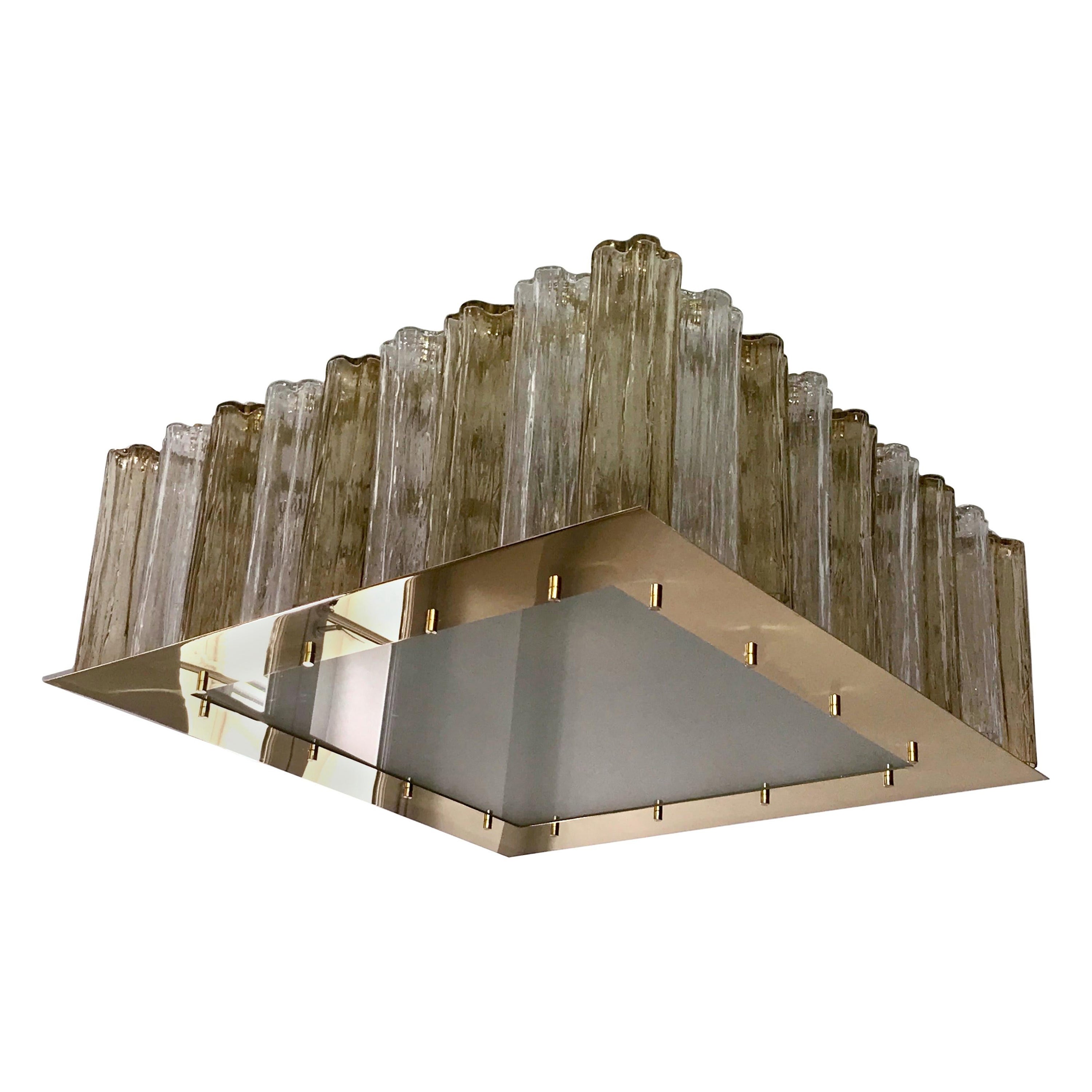 Contemporary Square Italian Crystal Amber Murano Glass Flush Chandelier/Pendant