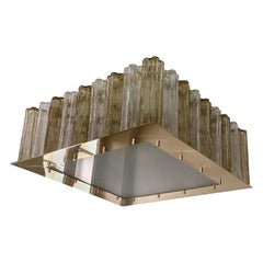 Contemporary Square Italian Crystal Amber Murano Glass Flush Chandelier/Pendant
