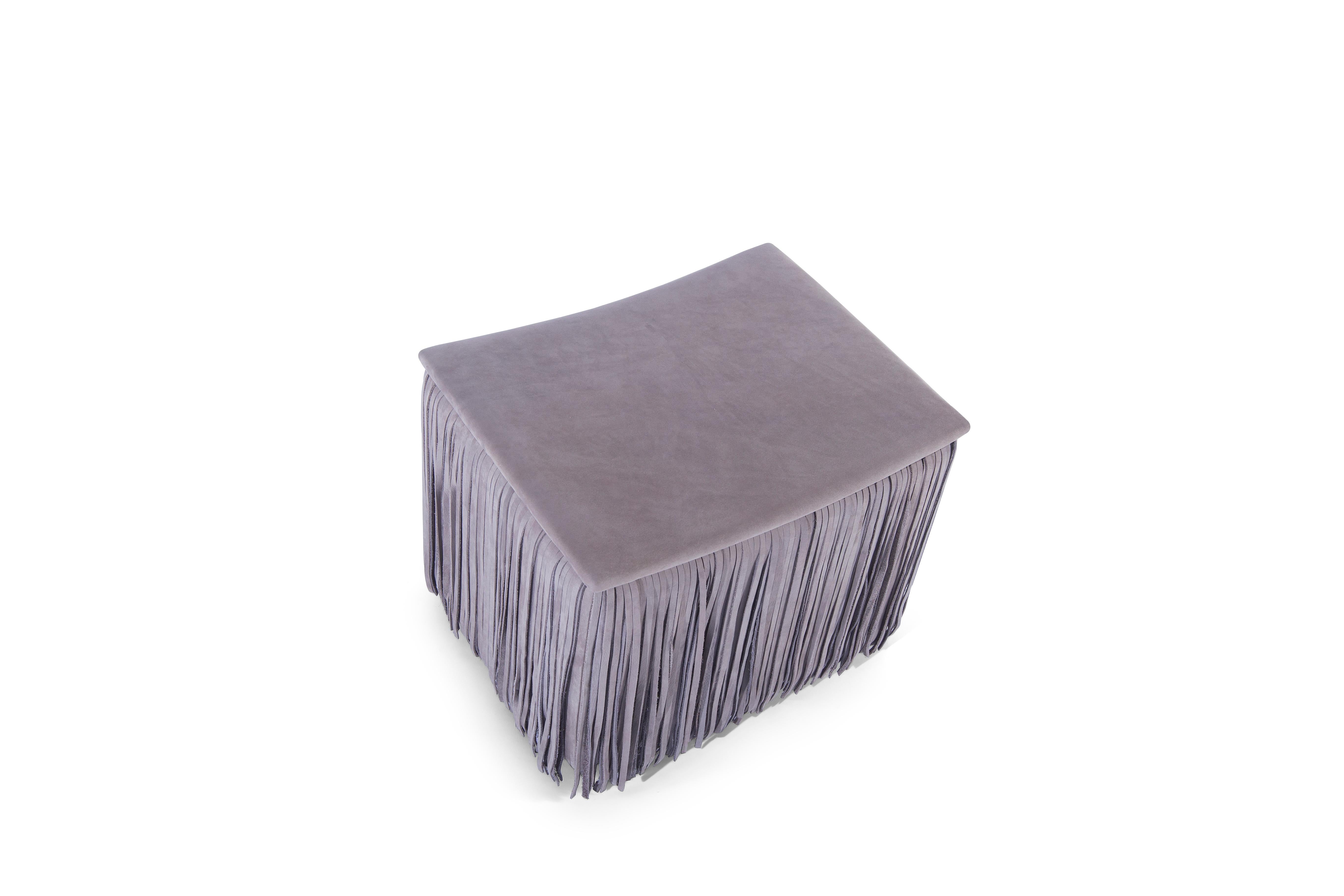 Modern Contemporary Square Leather Ottoman with Fringe Detail For Sale