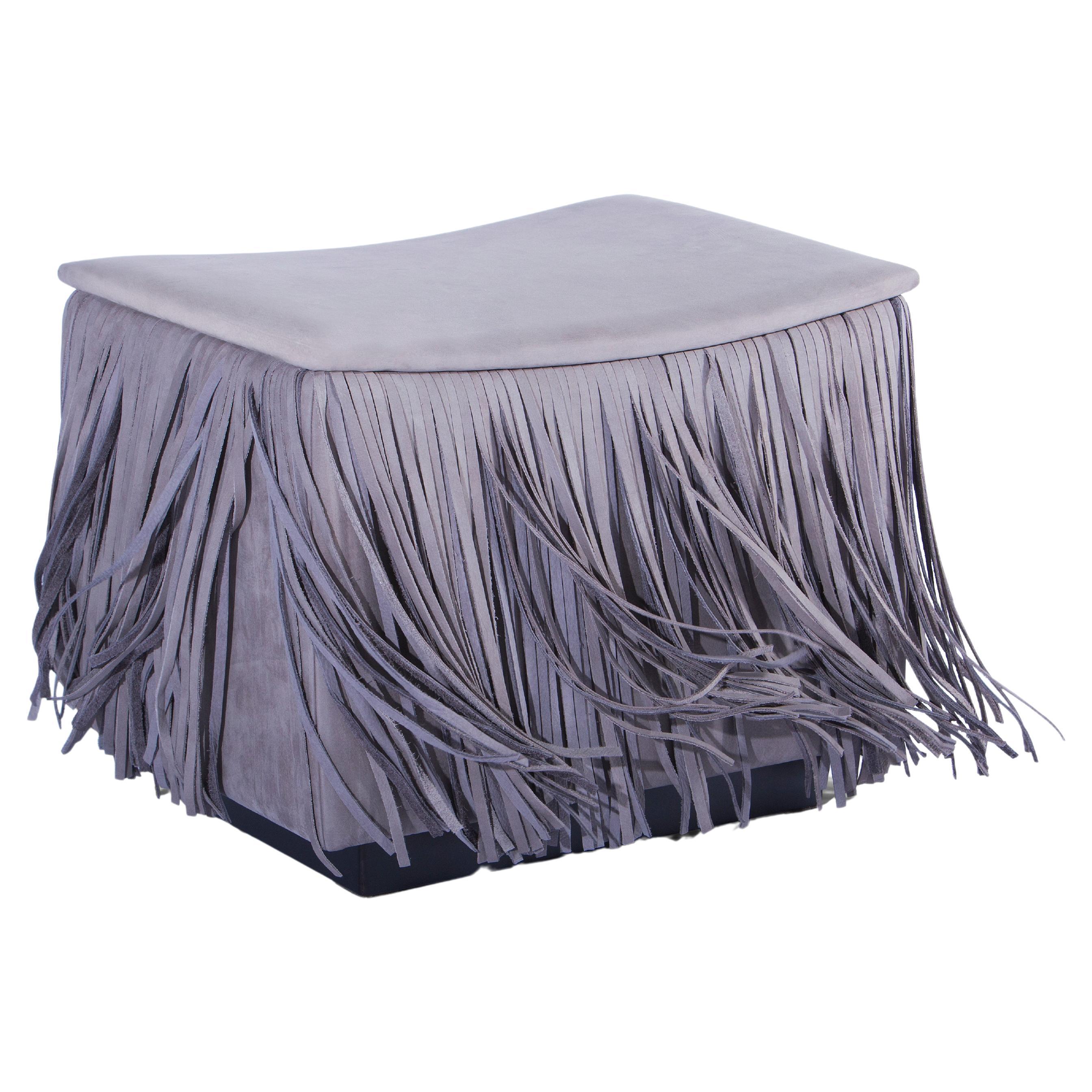 Contemporary Square Leather Ottoman with Fringe Detail For Sale