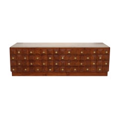 Contemporary Square Pattern Oak Wood, Brass and Travertine Top Italian Sideboard