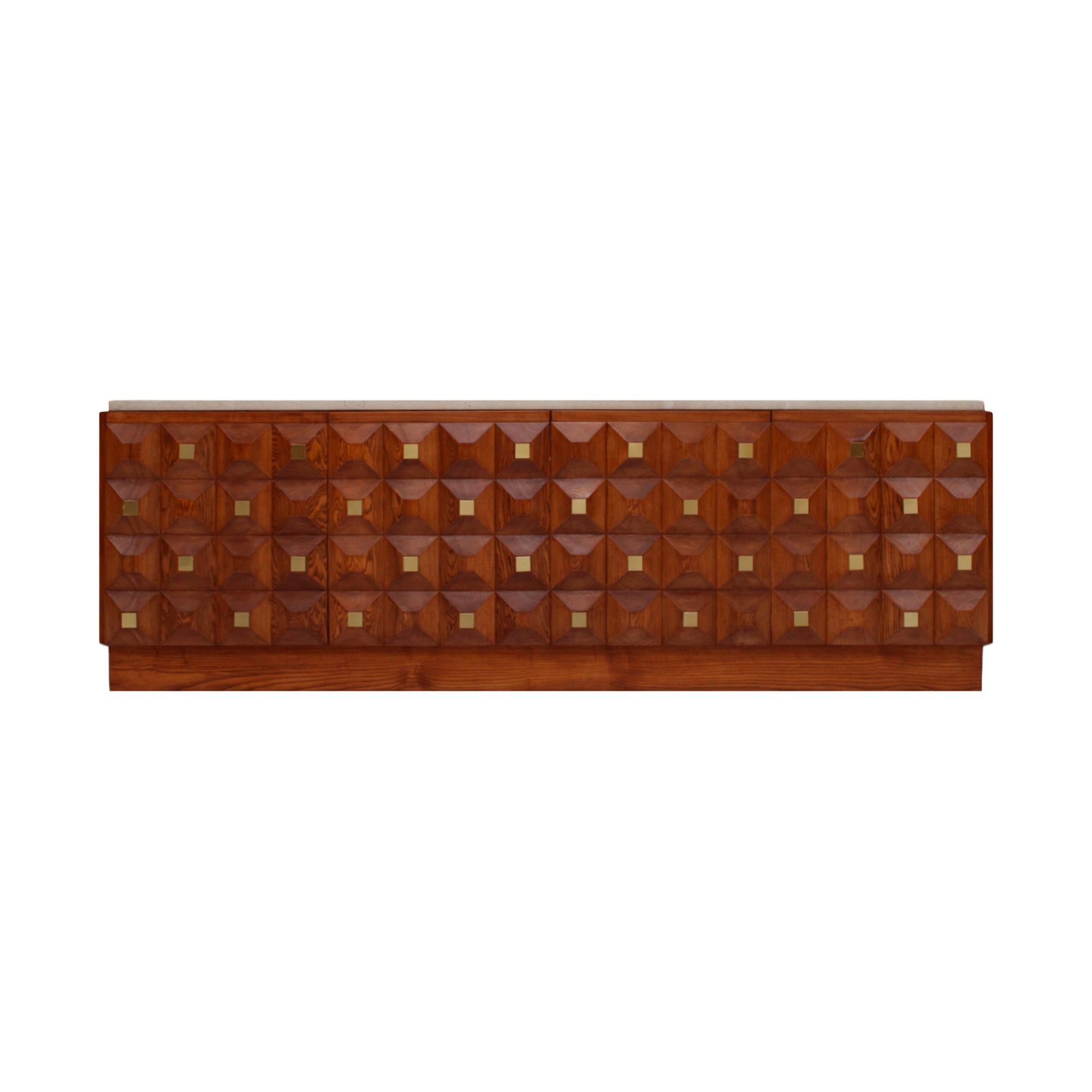 Contemporary Square Pattern Oak Wood, Brass and Travertine Top Italian Sideboard
