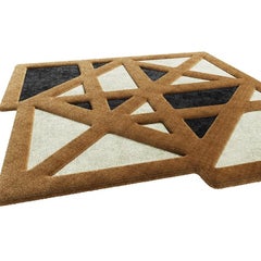 Contemporary Square Rug With Geometric Pattern in Black, Camel and Beige In Wool