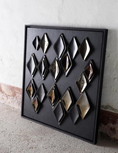 Contemporary Square Sculpture with Porcelain 3D Elements Hand-Decorated