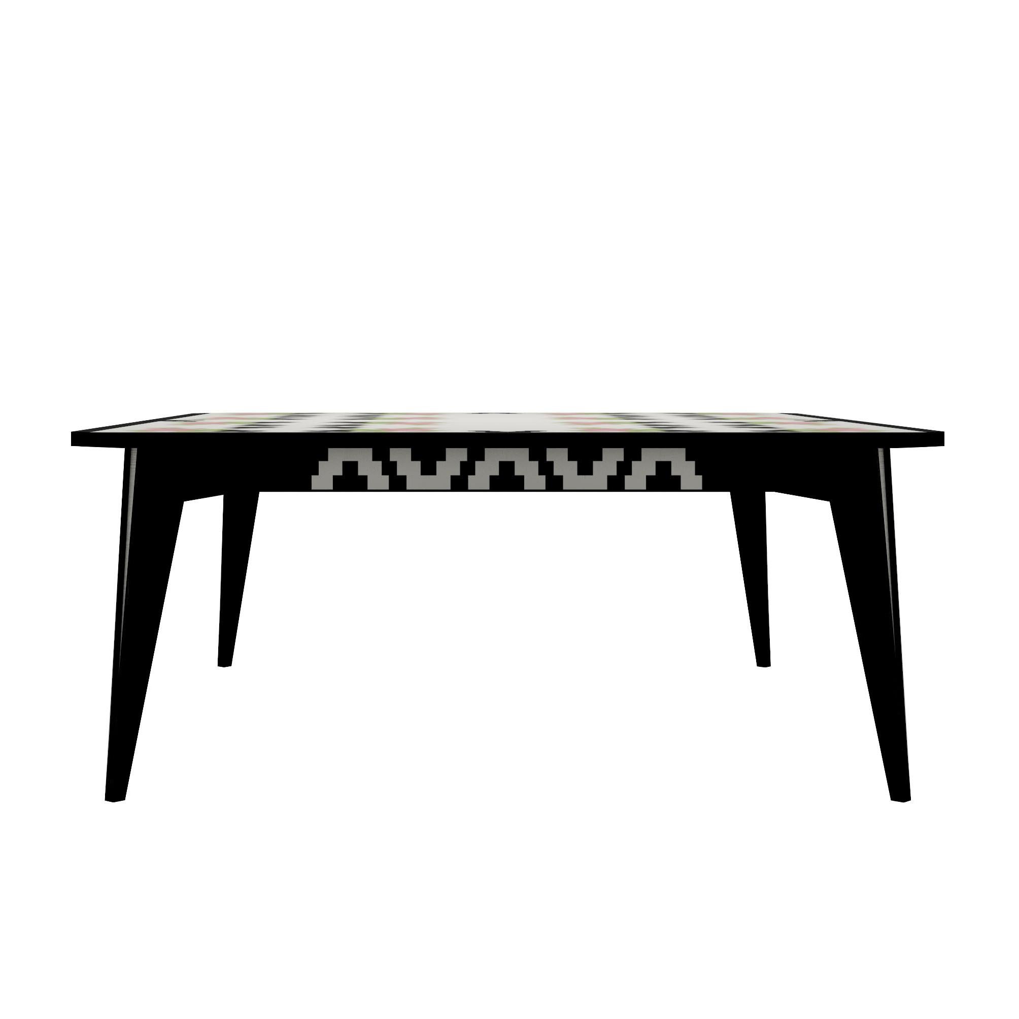 Colored roses superimposed on black roses create a pattern for this tabletop. Top with wood veneer inlays in ten colors. Solid beech legs with black ivory wood veneer and a white line on the side. Under the top, a decoration of black and white wood