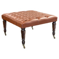 Contemporary Square Tufted Brown Italian Leather Ottoman on Brass Wheels