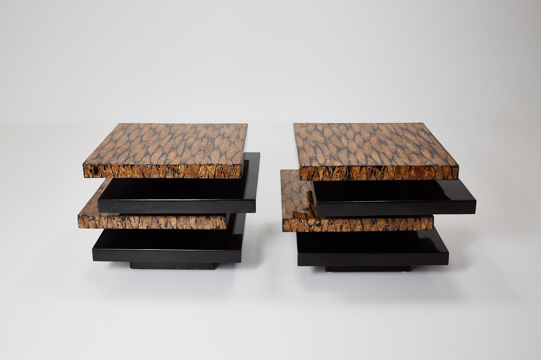 Post-Modern Contemporary Stacked 2-Part Coffee Table with Natural Fiber Inlay, 1990s For Sale