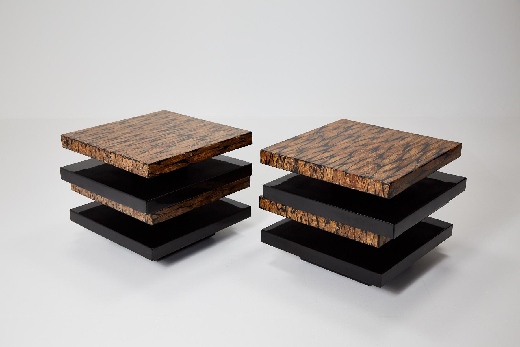 Contemporary Stacked 2-Part Coffee Table with Natural Fiber Inlay, 1990s (Intarsie) im Angebot