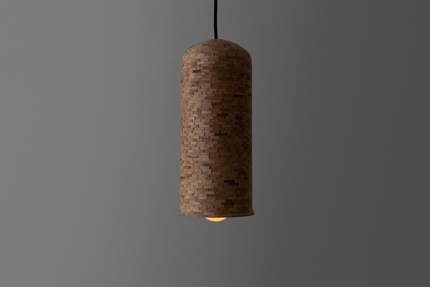 Modern Wooden STACKED Illuminated Hanging Bell-Shaped Sculpture, 