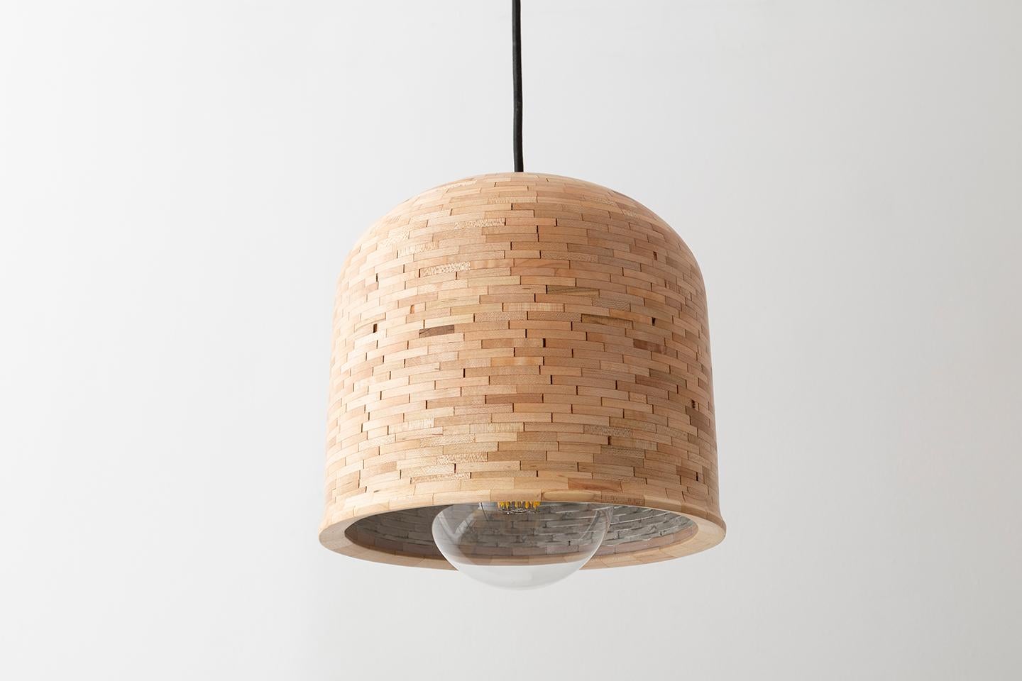 Modern Wooden STACKED Illuminated Hanging Bell-Shaped Sculpture, 