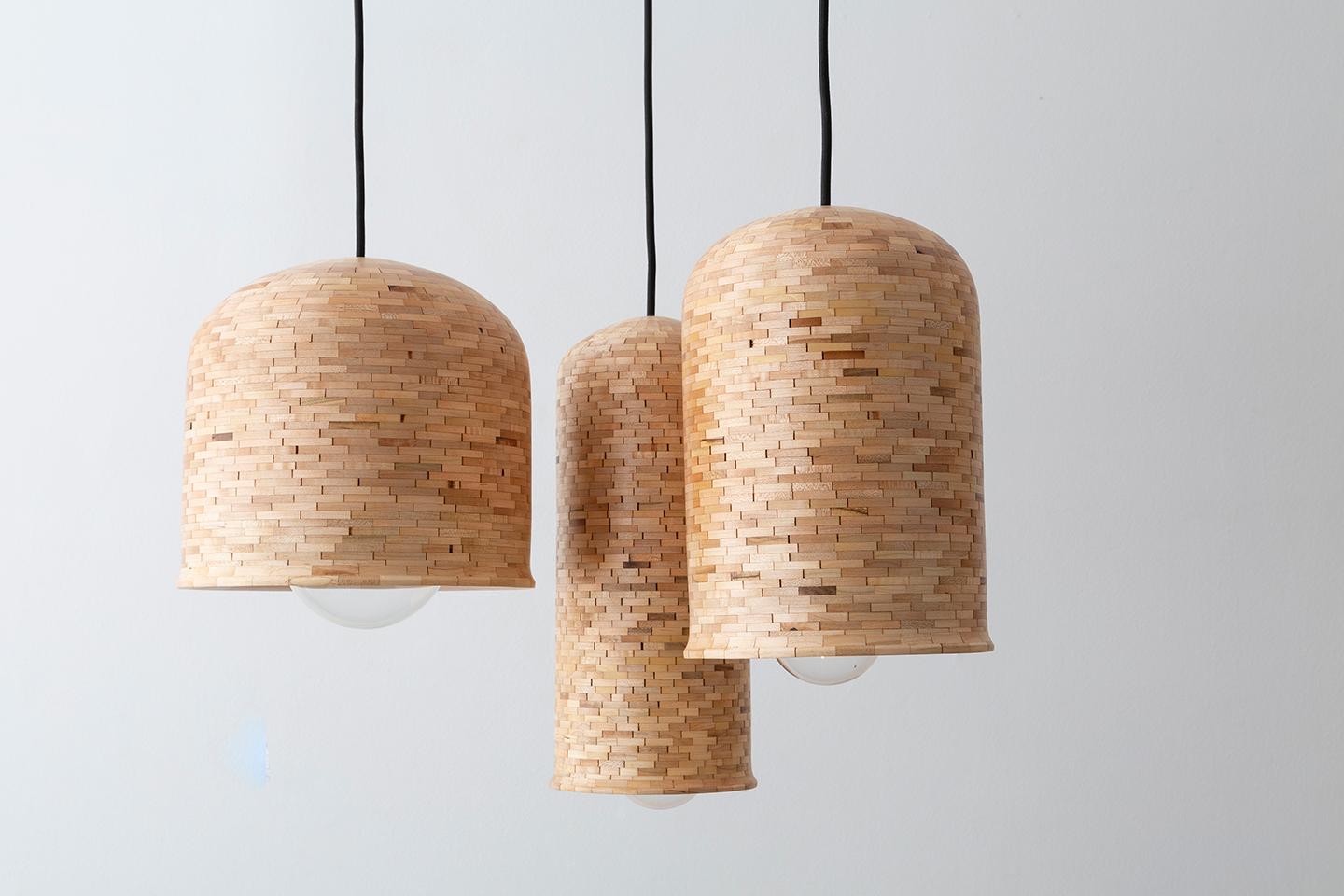 Polished Wooden STACKED Illuminated Hanging Bell-Shaped Sculpture, 