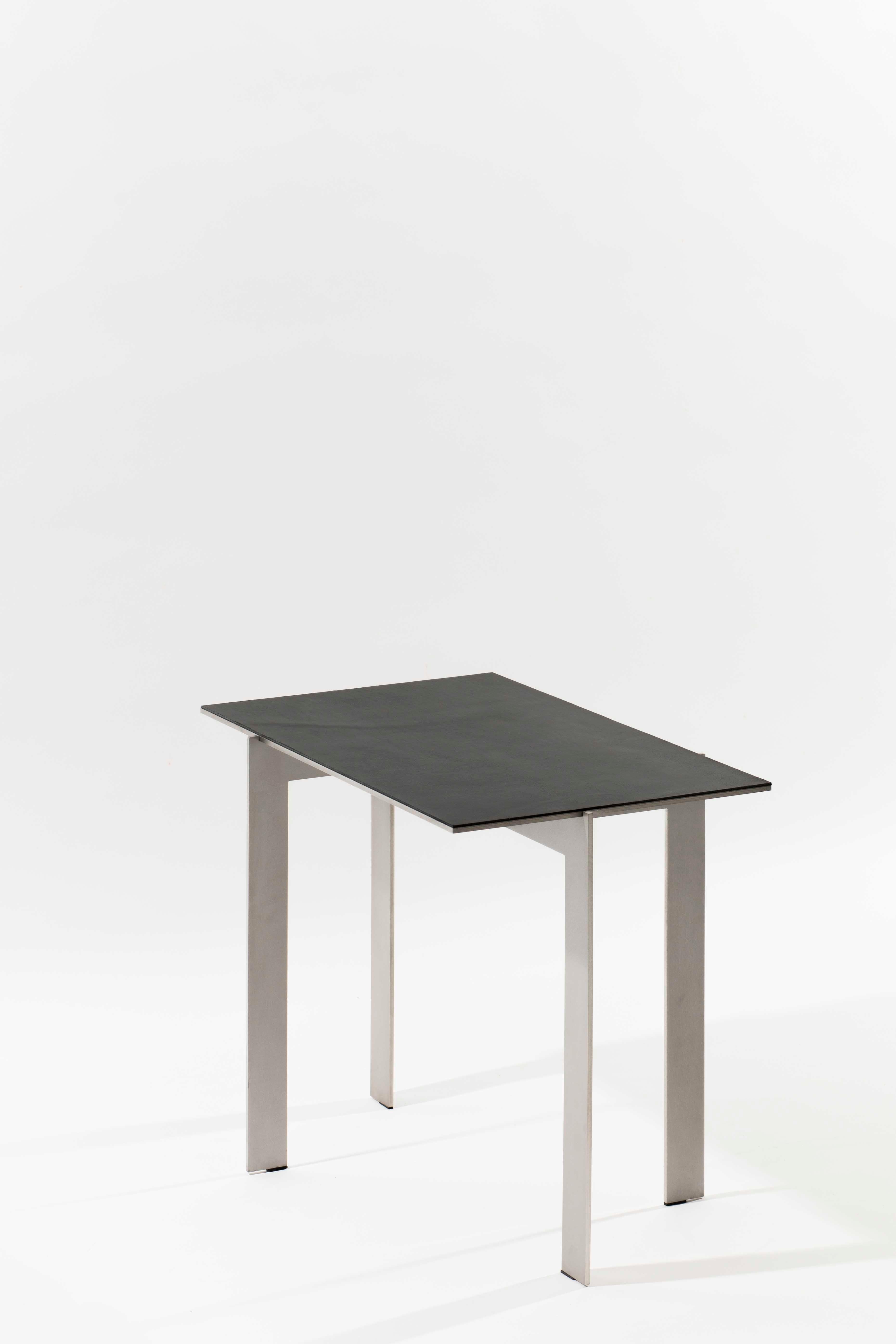 Minimalist Modern contemporary rectangular side table, stainless steel & leather, Belgium For Sale