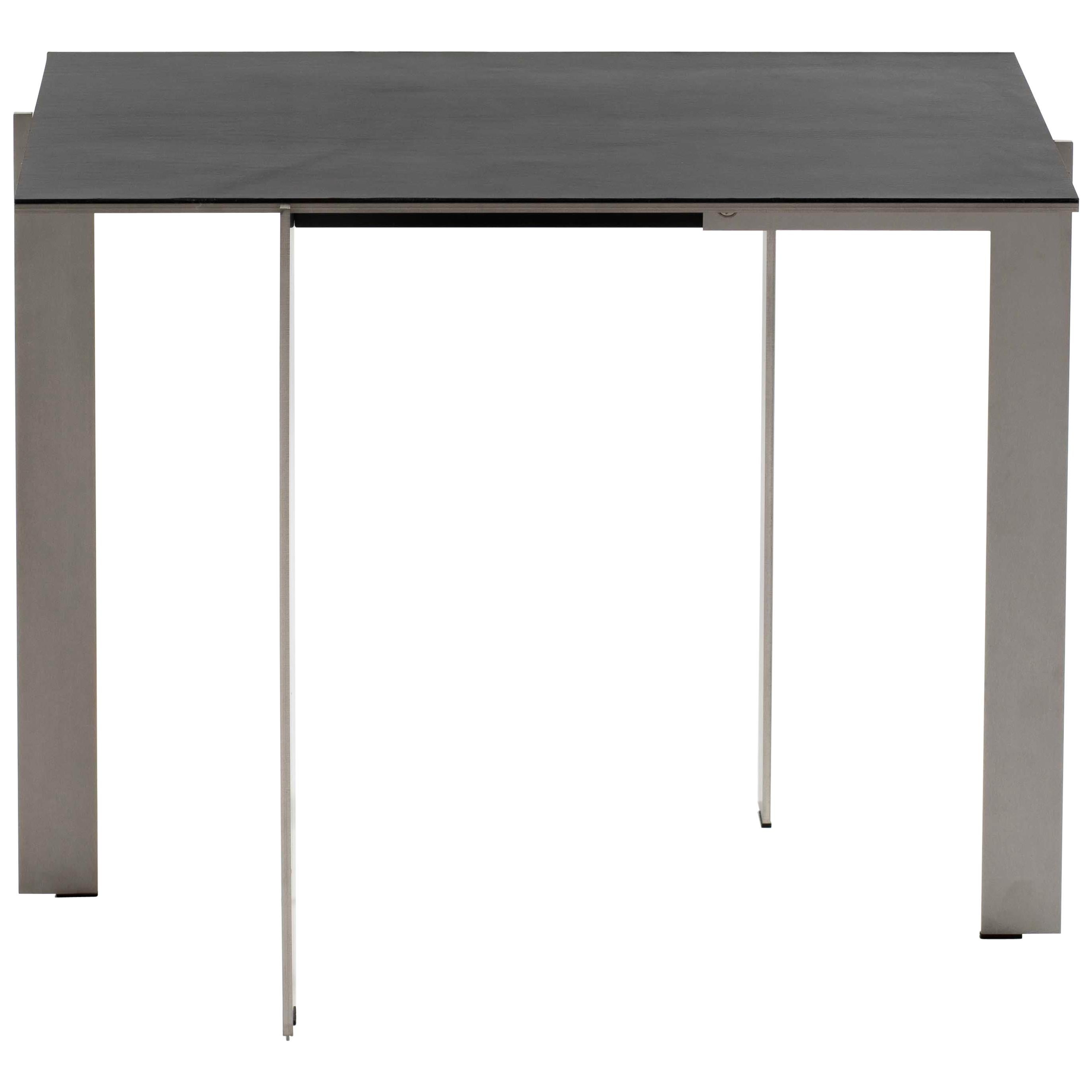 Modern contemporary rectangular side table, stainless steel & leather, Belgium
