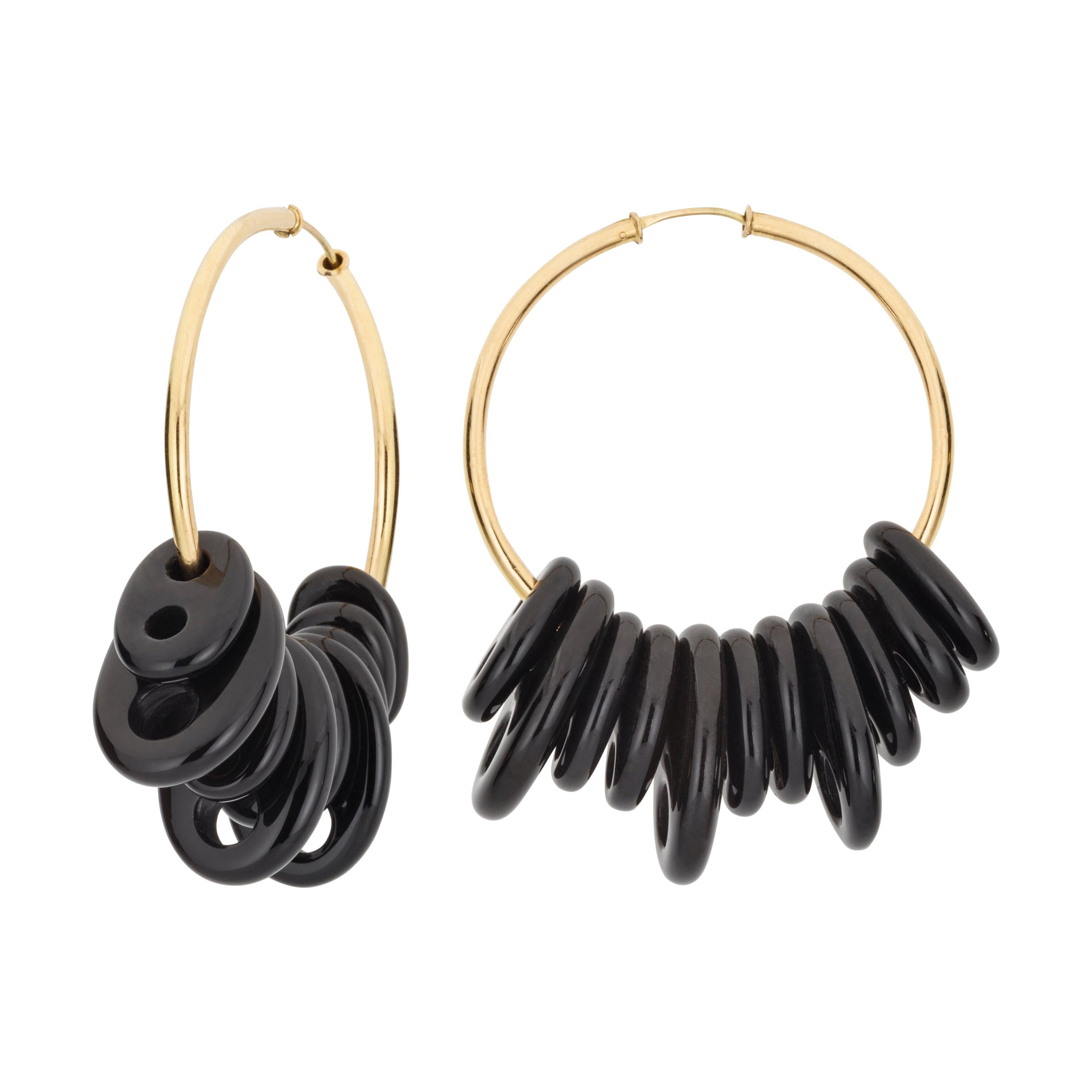 Contemporary Statement Onyx and 18k Yellow Gold Hoops Earrings