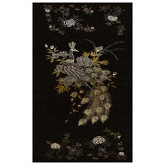 Contemporary Peacock Black & Gold Merino Wool Embroidered Throw Blanket