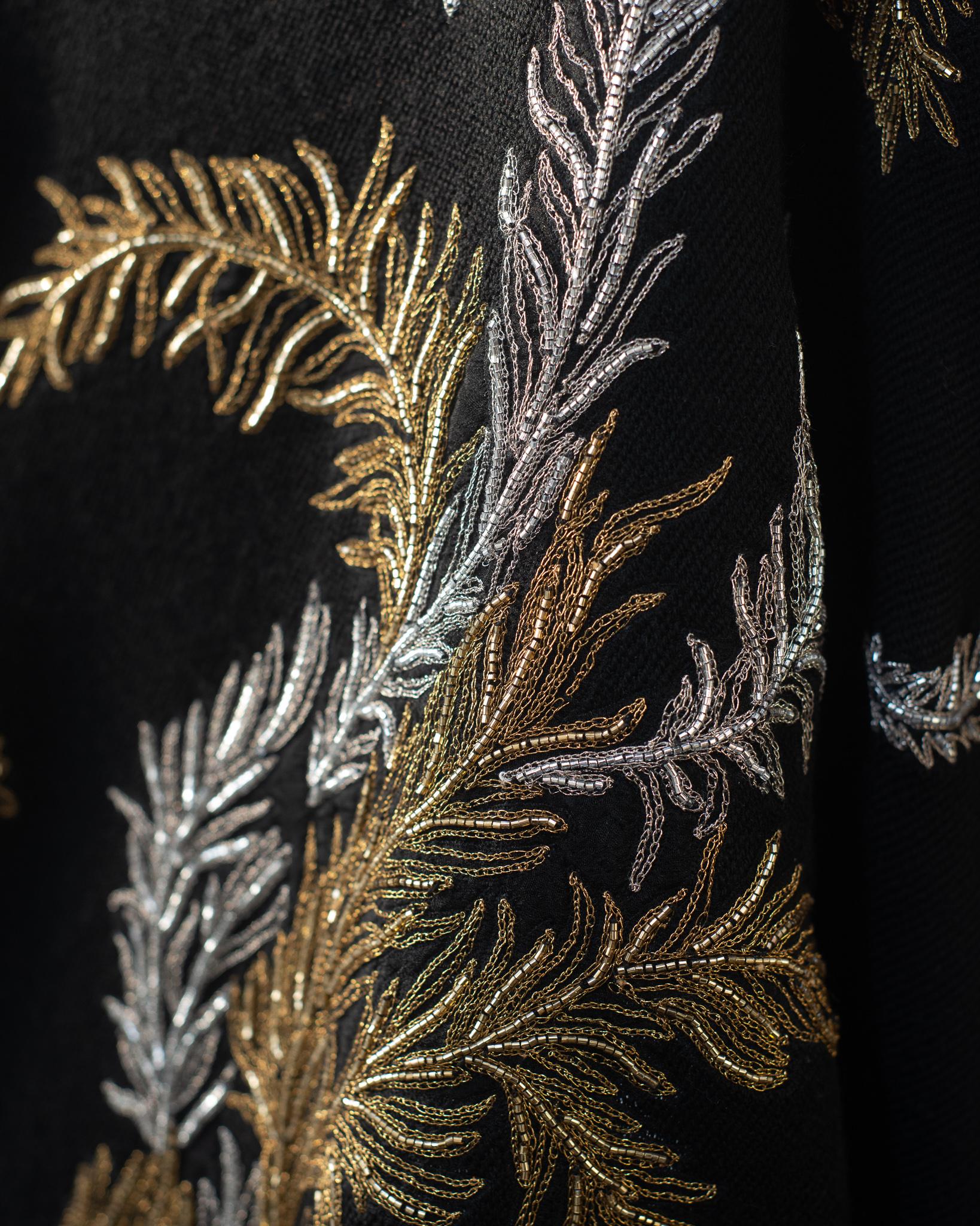 Asian Contemporary Phoenix Black & Gold Merino Wool Embroidered Throw Blanket