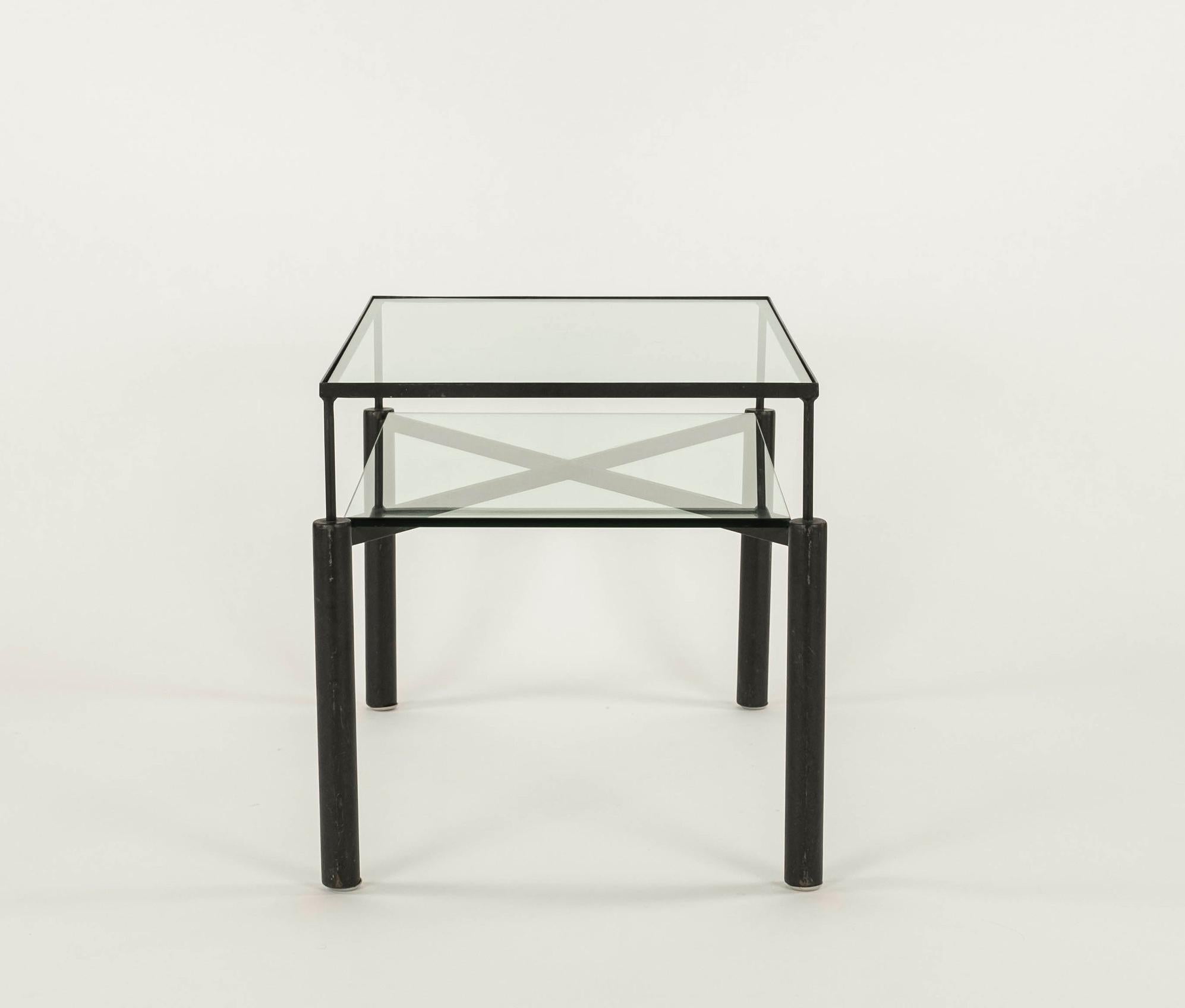 Modern Contemporary Steel and Glass Two Tiered Table For Sale