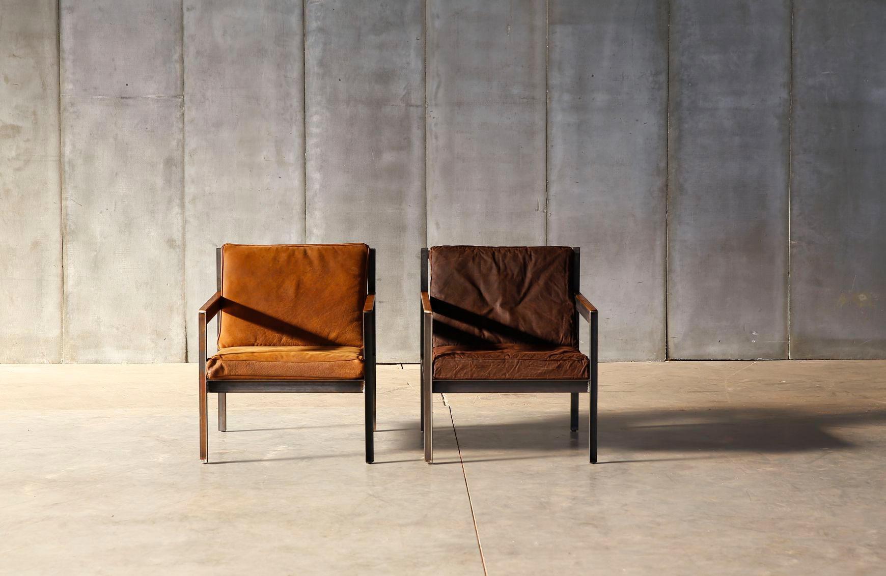 Cut Steel Brutalist Steel Oak and Leather  Armchair For Sale