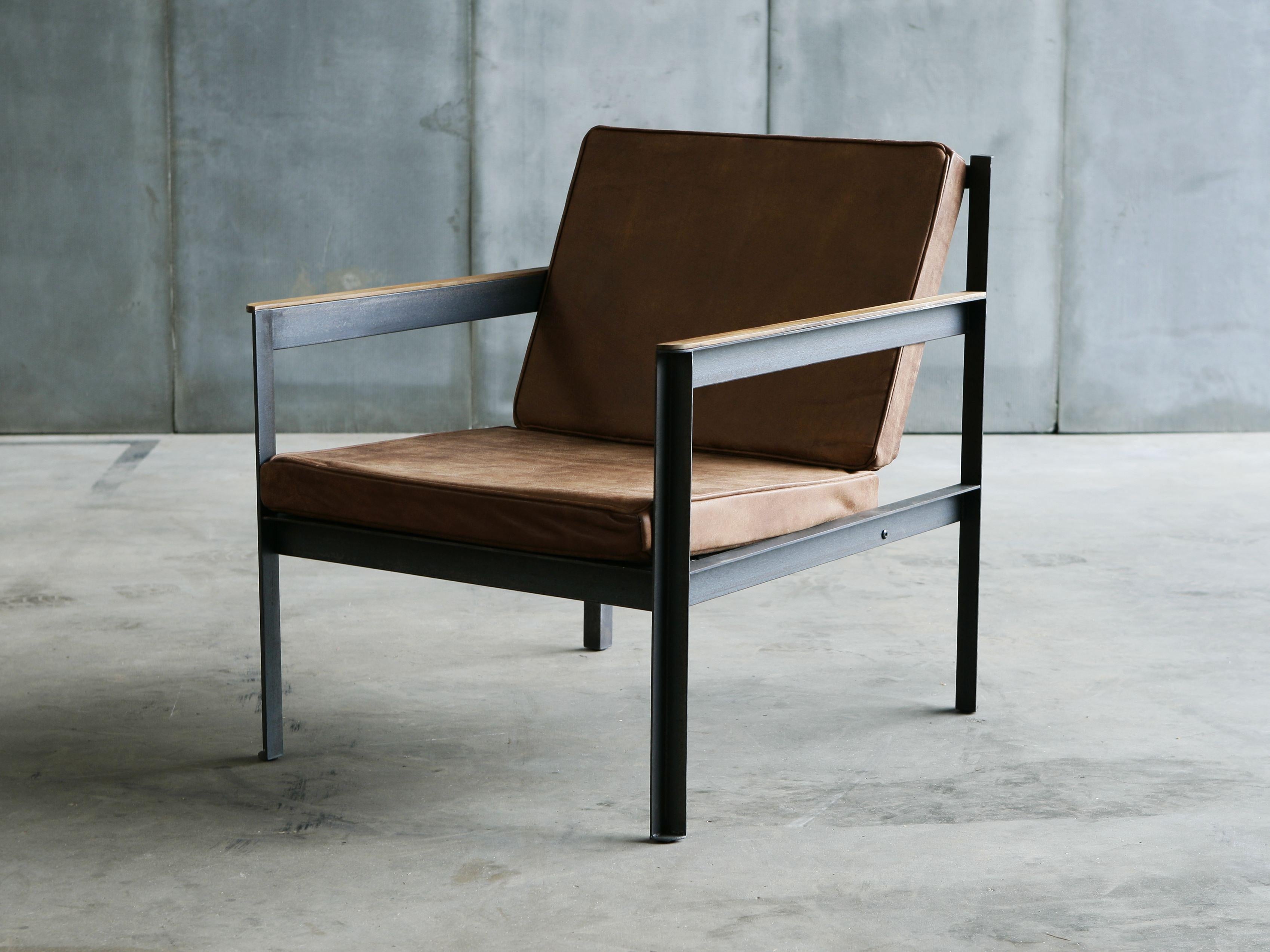 Brutalist Steel Oak and Leather  Armchair  For Sale 2