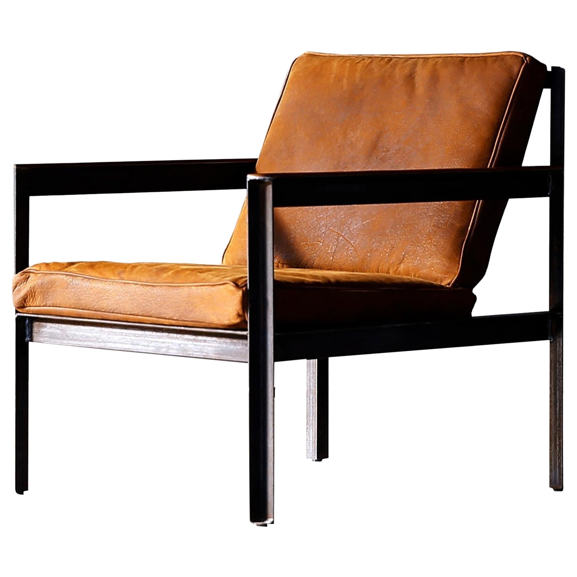 Brutalist Steel Oak and Leather  Armchair 