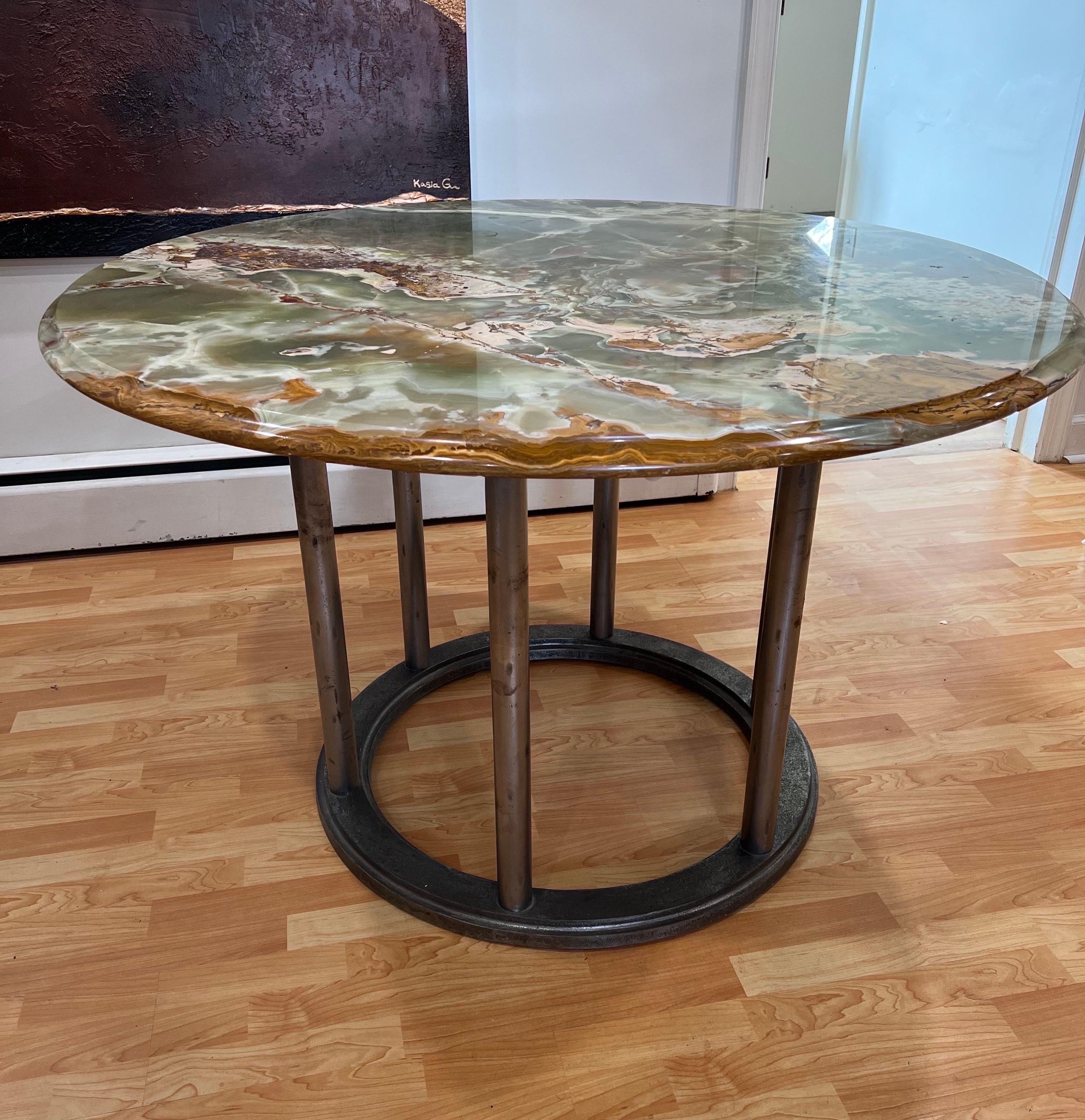 Contemporary Steel Base Green Onyx Dining Table, Round For Sale at 1stDibs