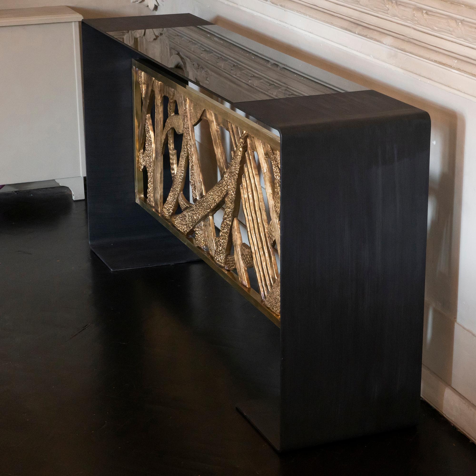Brutalist Contemporary Steel Console with 1968 Luciano Frigerio Bronze Frieze, Italy