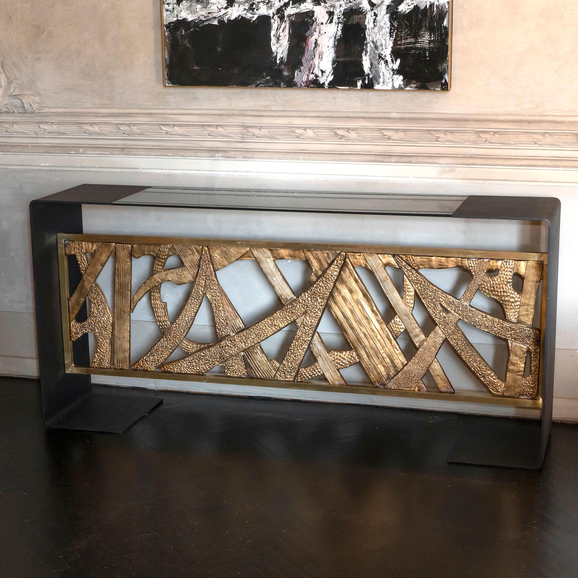 Contemporary Steel Console with 1968 Luciano Frigerio Bronze Frieze, Italy In Excellent Condition In Firenze, IT