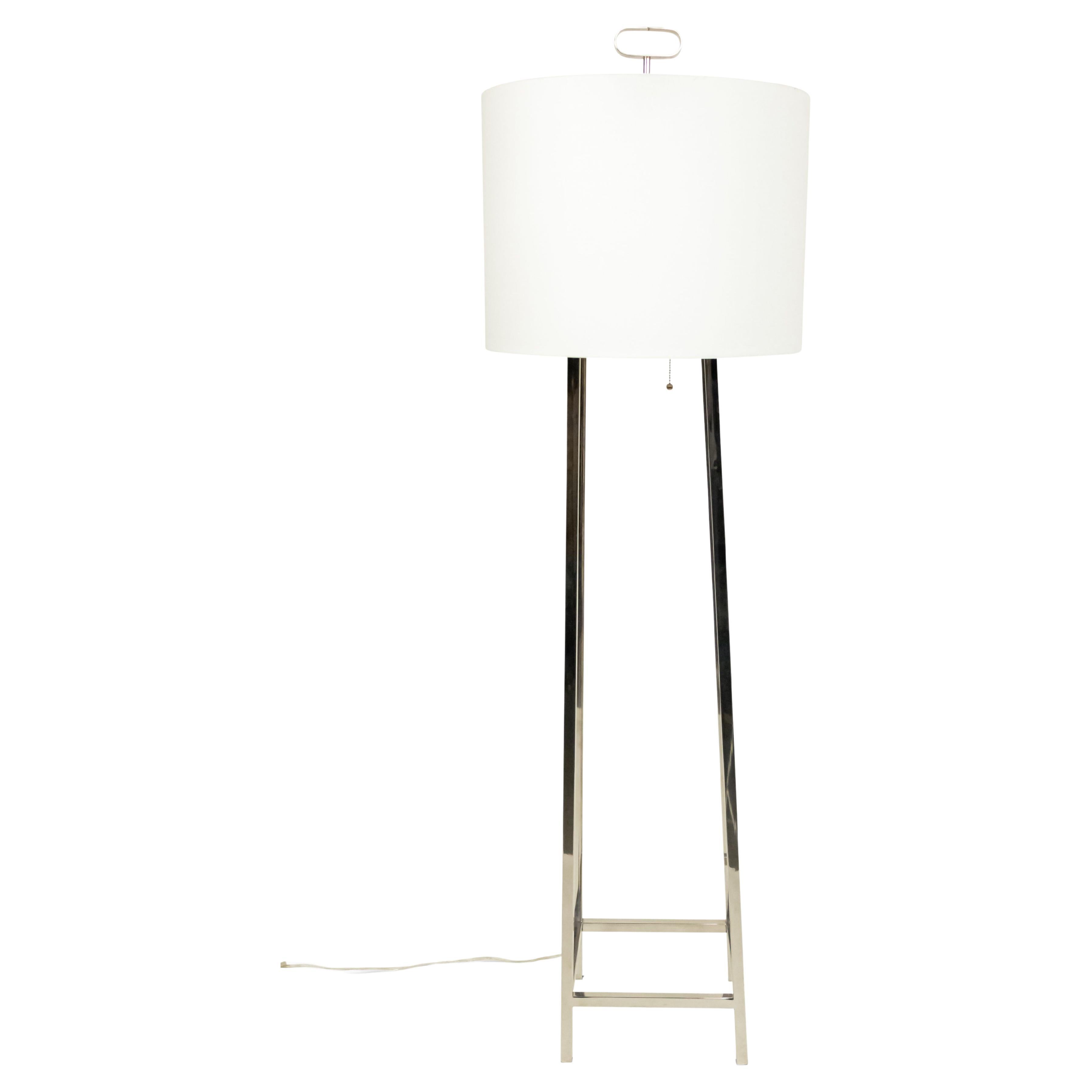 Modern Stainless Steel Floor Lamp with White Linen Shade, USA For Sale