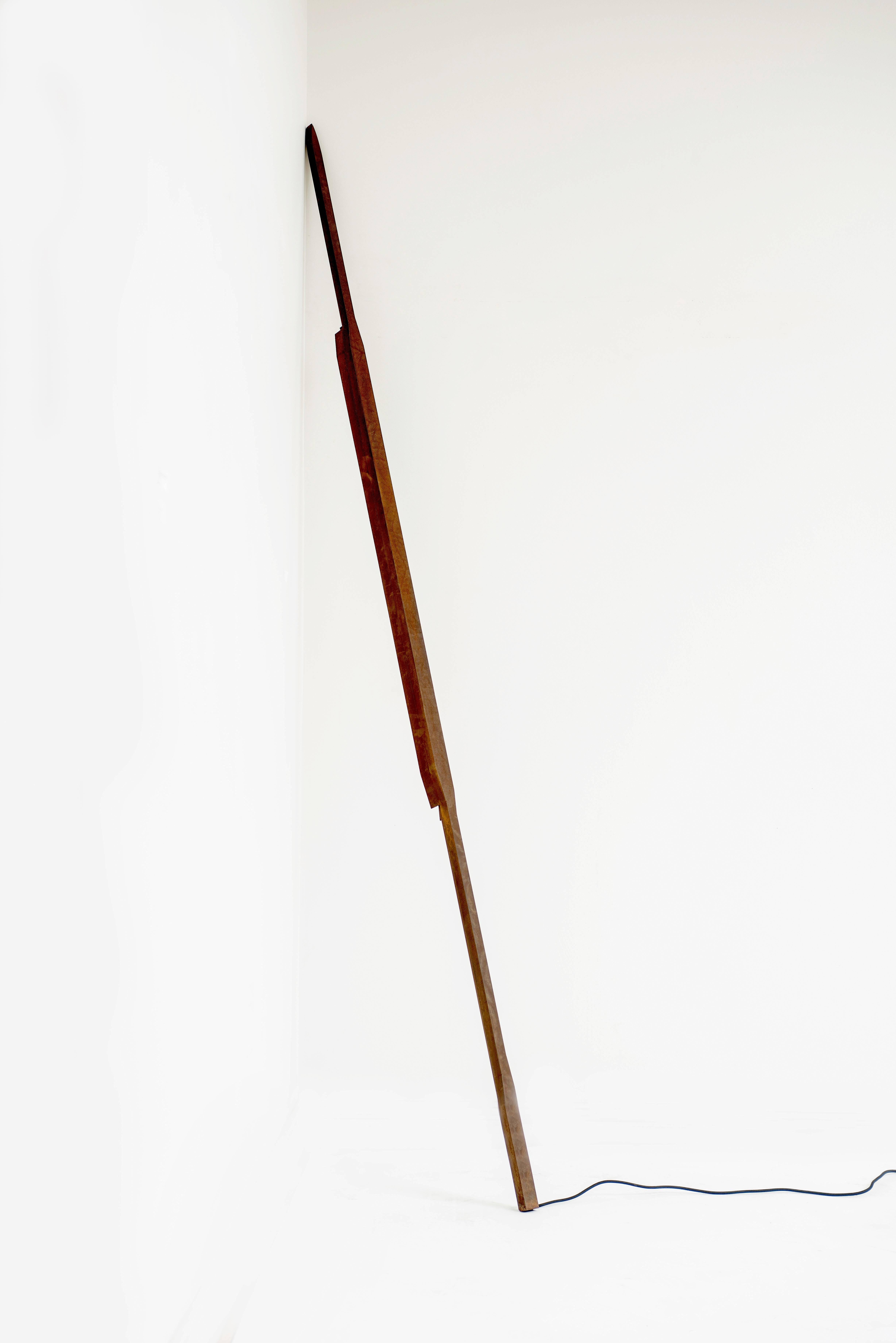 Eric Slayton
Harpoon Light, 2017
Patinated Cor-Ten steel, LED light
2 x 2.5 x 106 in

A floor standing, patinated, core-ten steel led Harpoon light by Brooklyn designer Eric Slayton. The piece is designed to lean against a corner or wall, to best