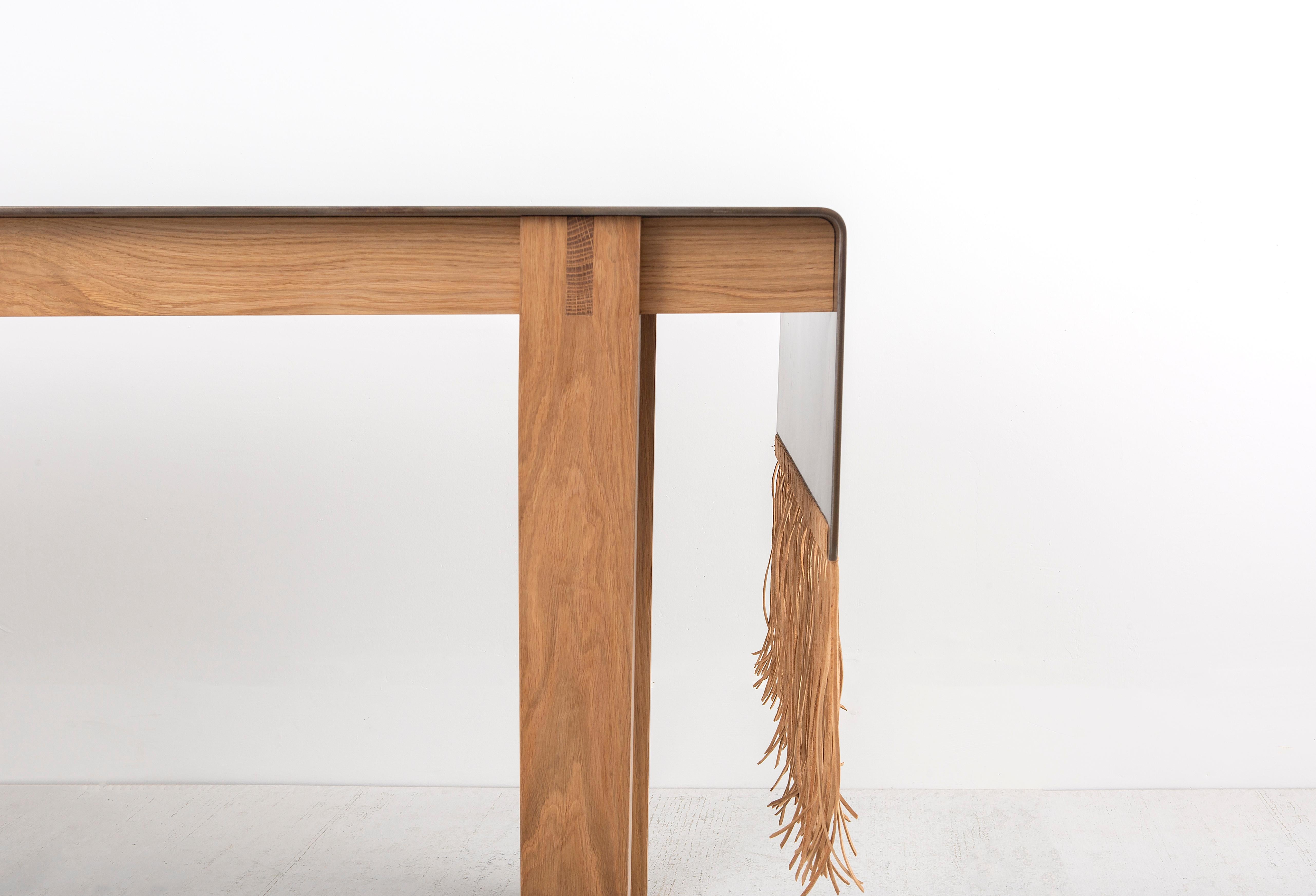 Patinated Contemporary Steel, Natural Oak and Suede Lace Native Table by Vivian Carbonell For Sale