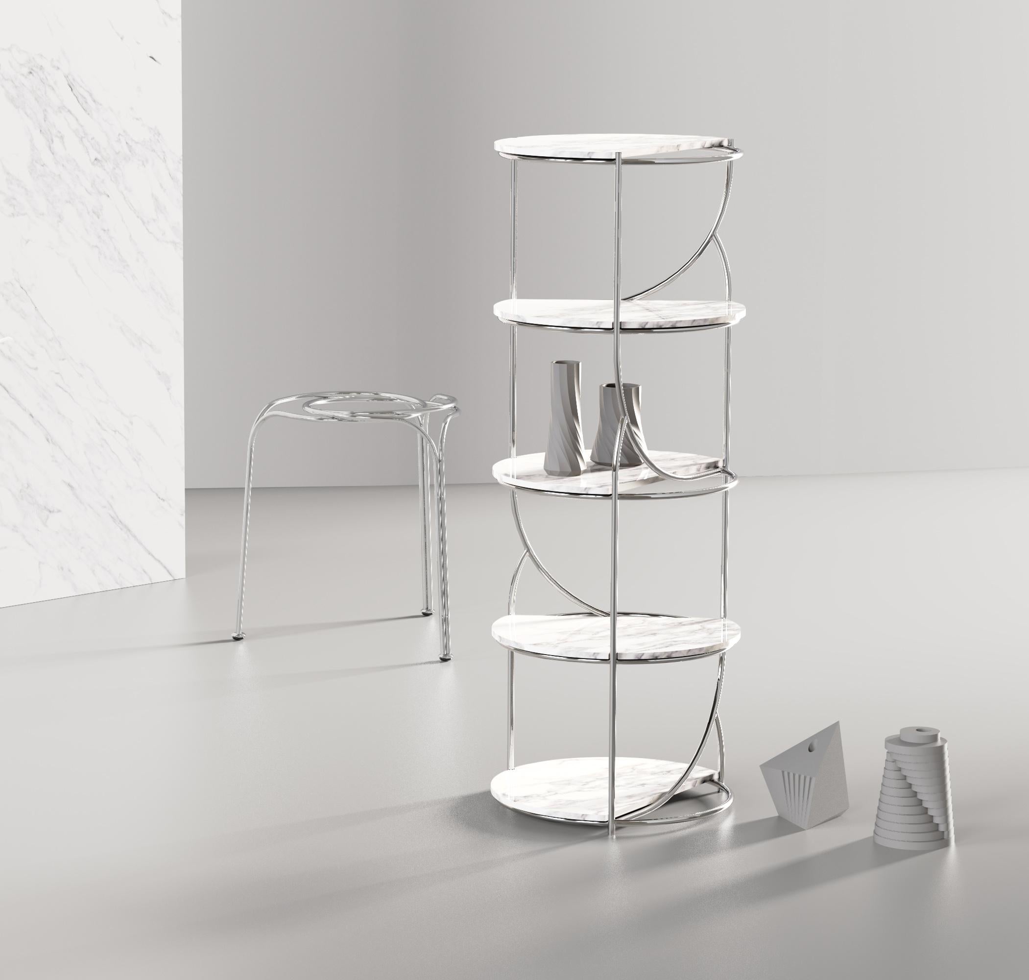 Modern Contemporary Steel Shelf Tower, Repositionable Carrara Shelves Made in Italy