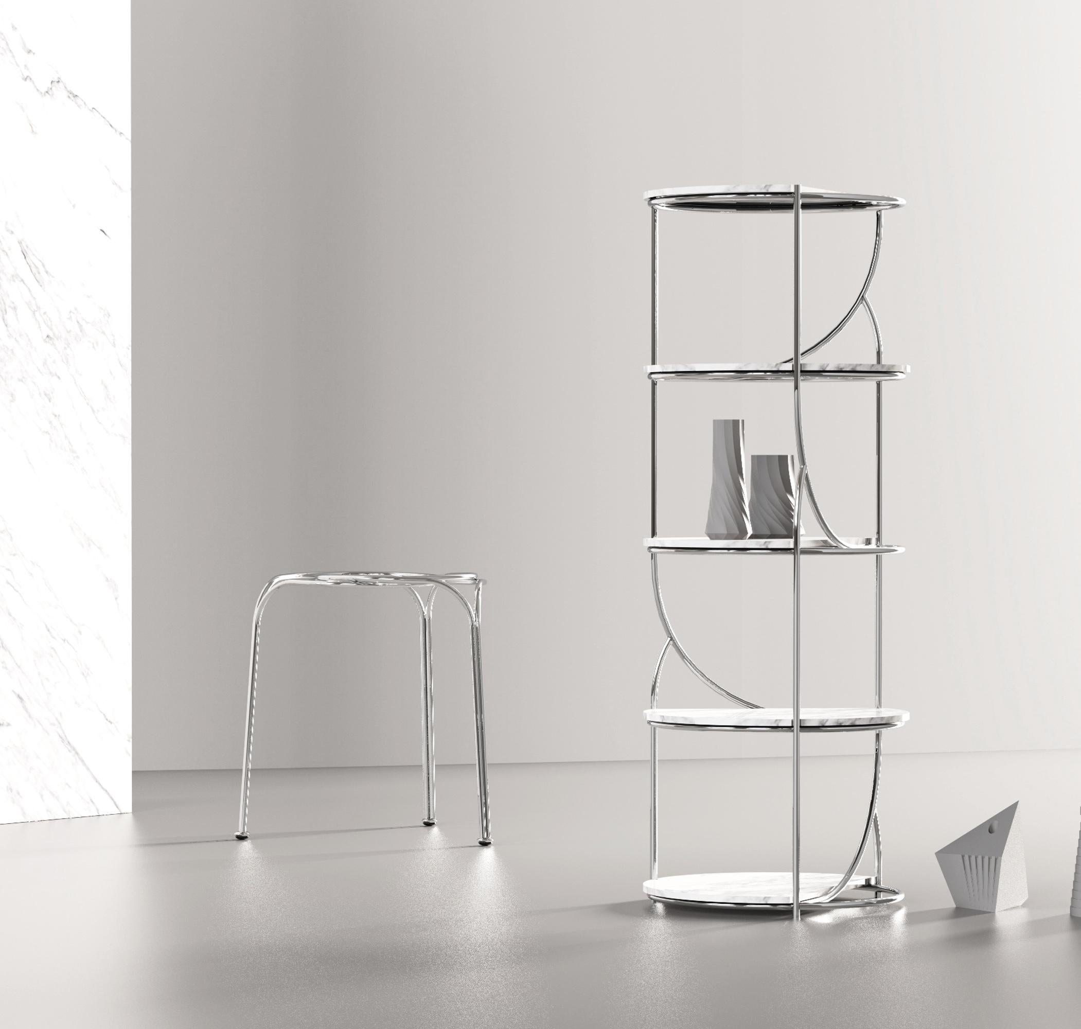 Contemporary Steel Shelf Tower, Repositionable Carrara Shelves Made in Italy 2