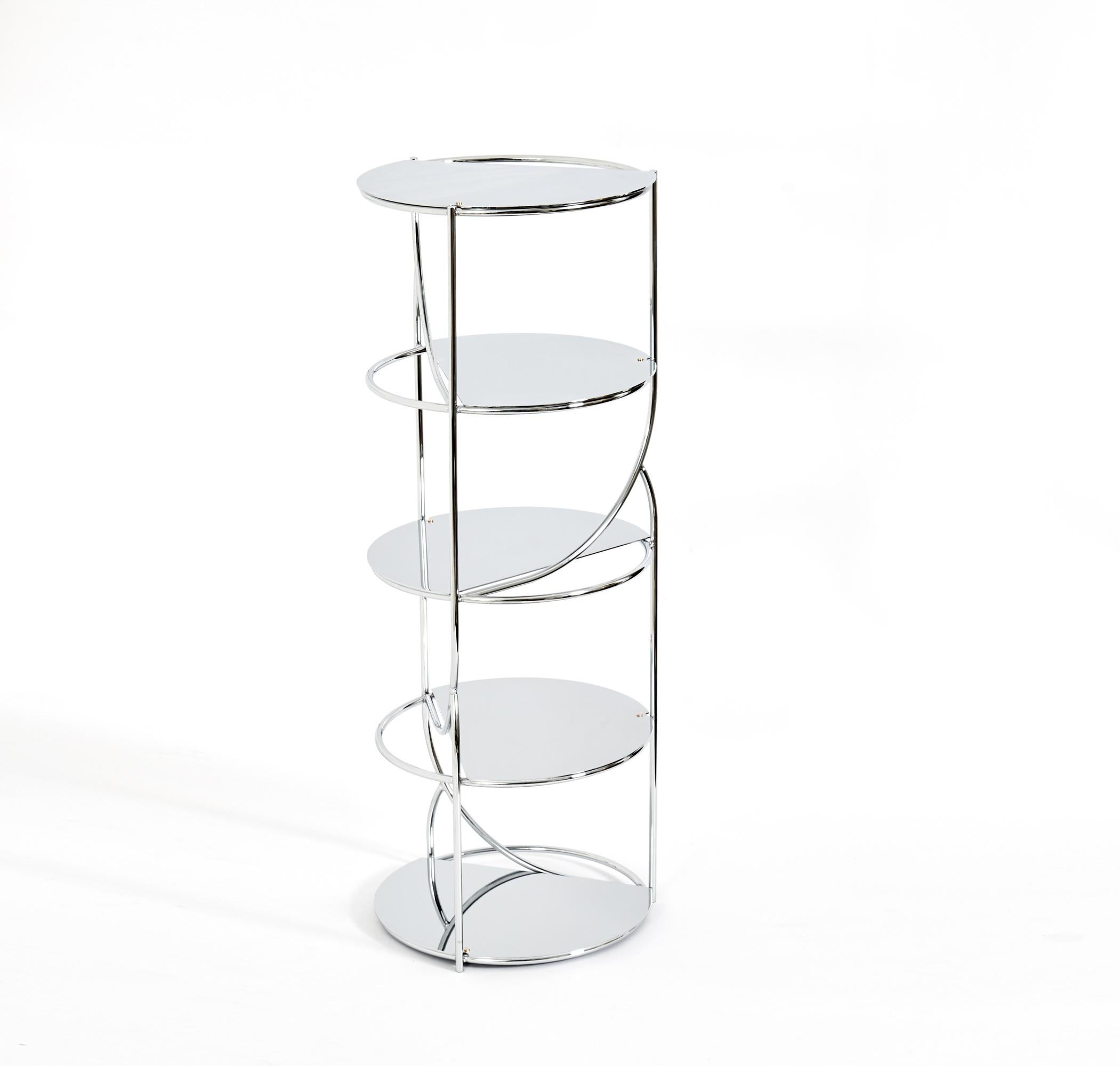 Italian Contemporary steel shelf tower, repositionable mirrored shelves made in Italy