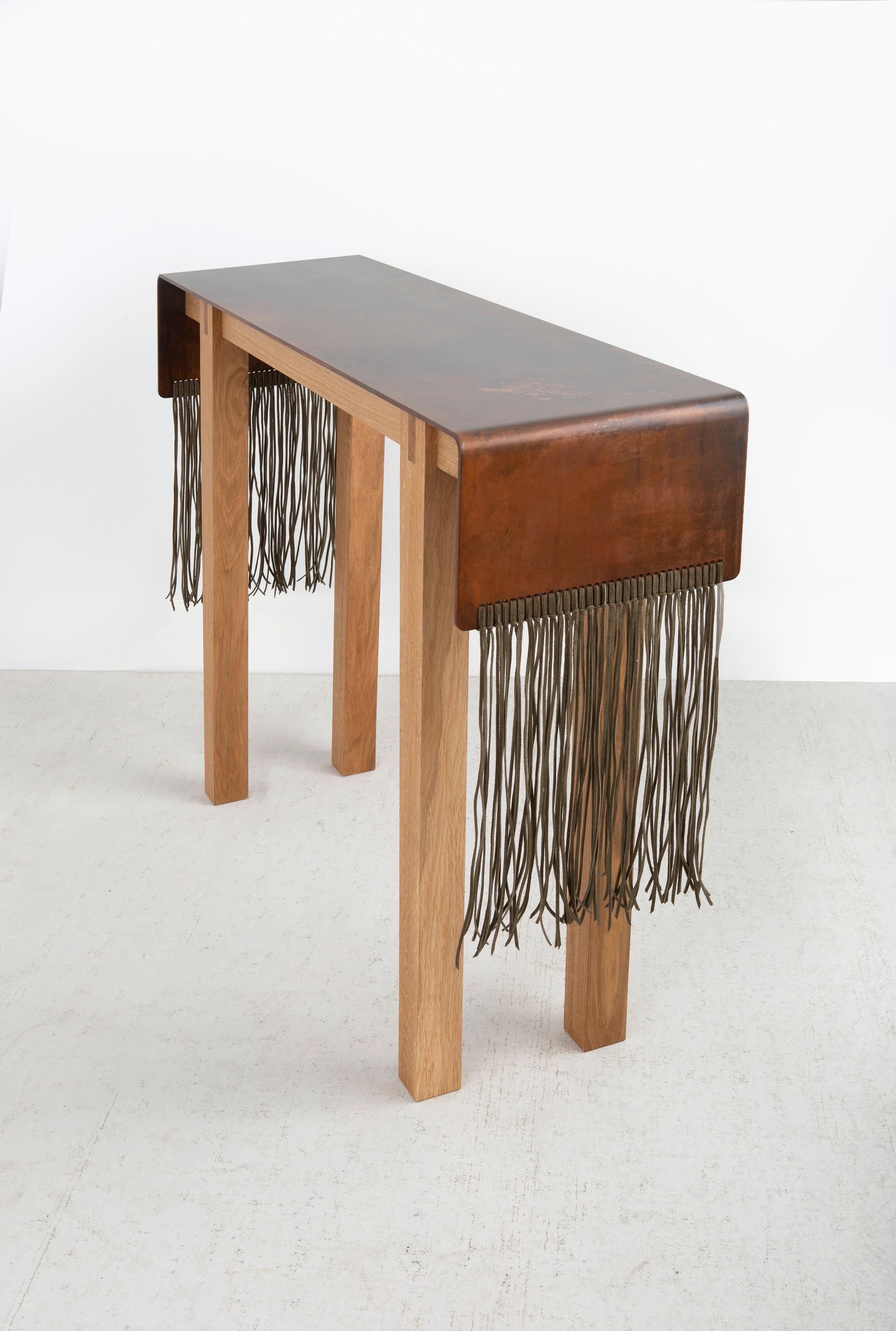 Contemporary Modern Tribal Patinated Steel, Suede and Oak Console Table by Vivian Carbonell For Sale