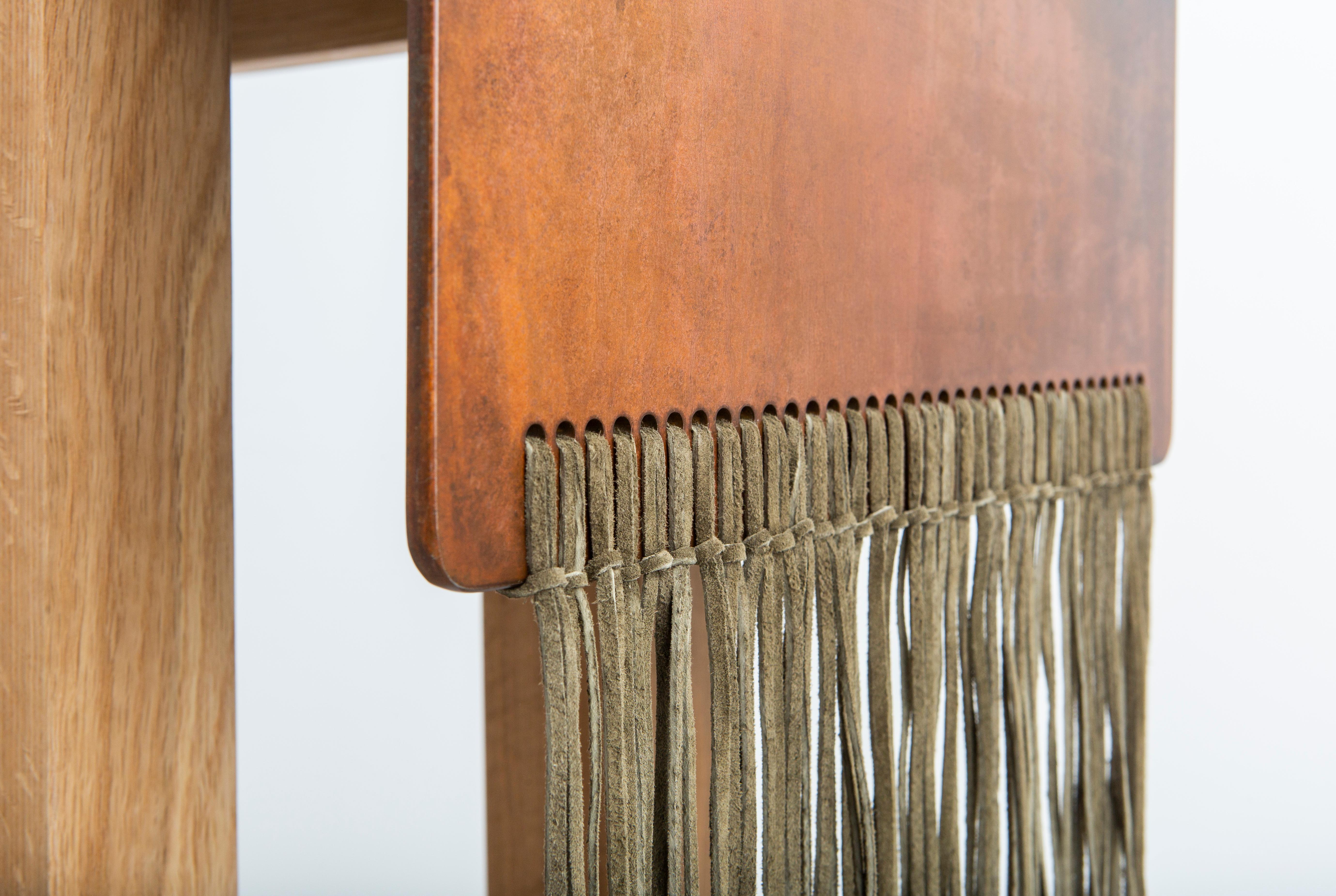 American Modern Tribal Patinated Steel, Suede and Oak Console Table by Vivian Carbonell For Sale