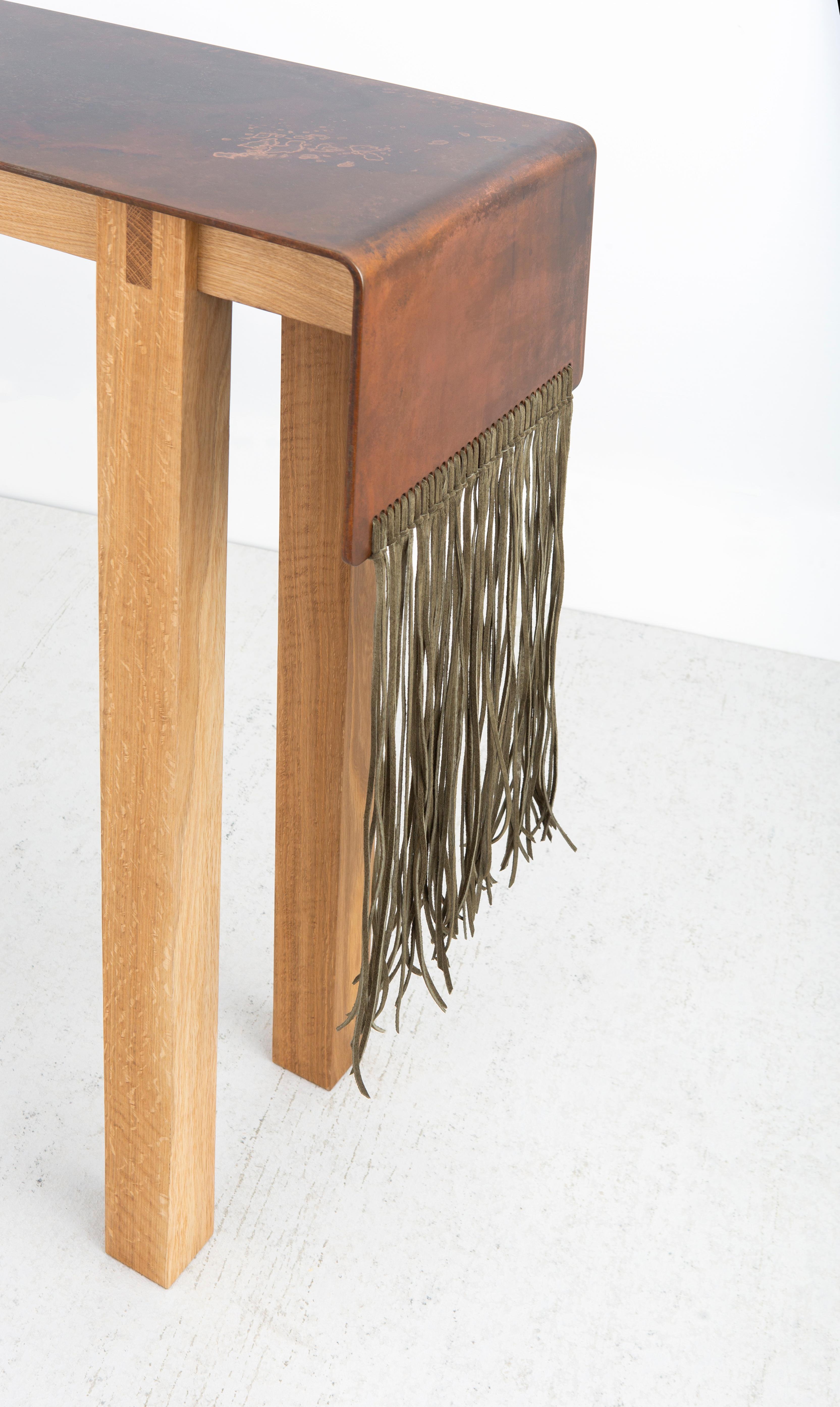 Modern Tribal Patinated Steel, Suede and Oak Console Table by Vivian Carbonell For Sale 1