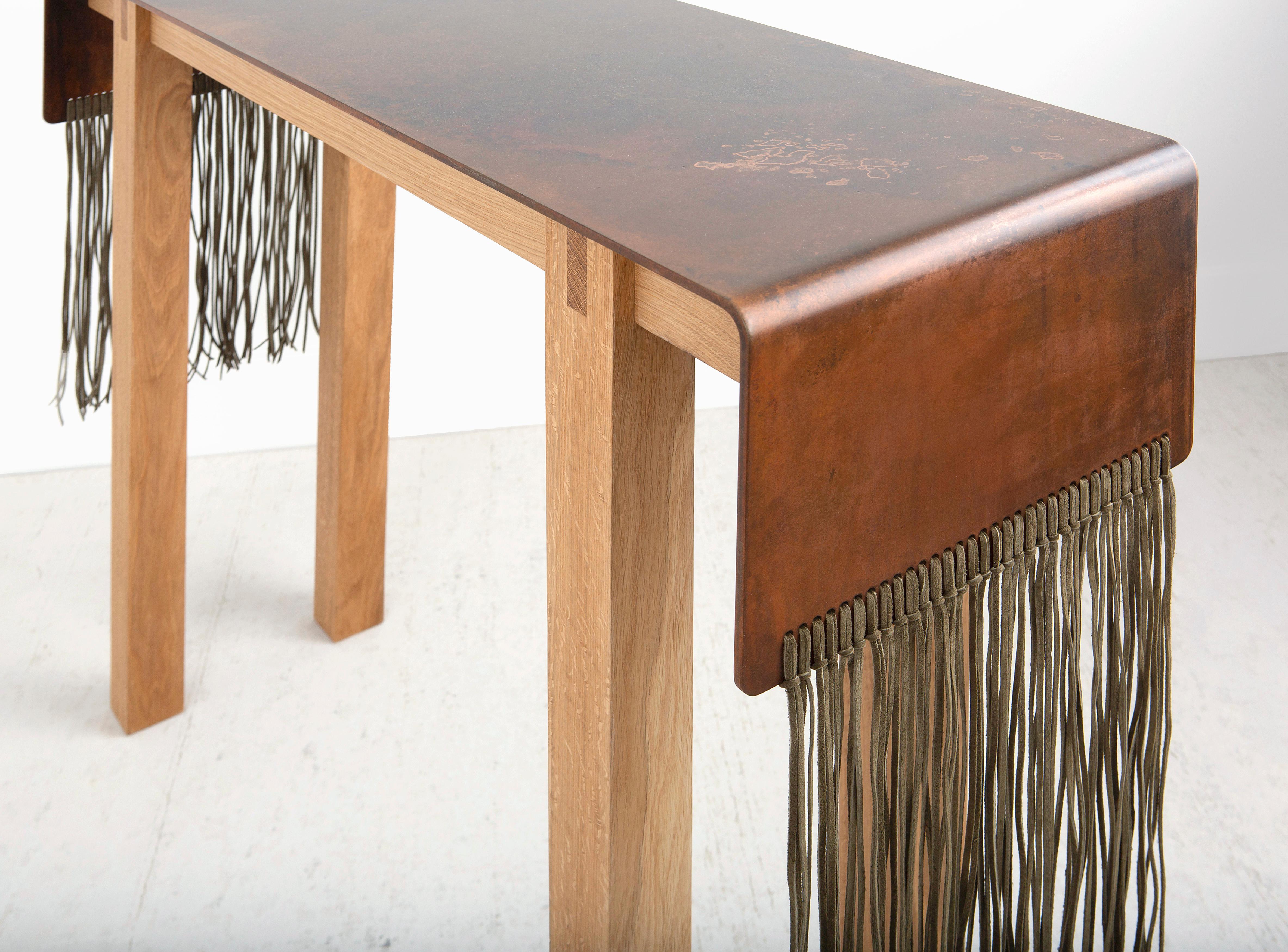 Modern Tribal Patinated Steel, Suede and Oak Console Table by Vivian Carbonell In New Condition For Sale In Miami, FL