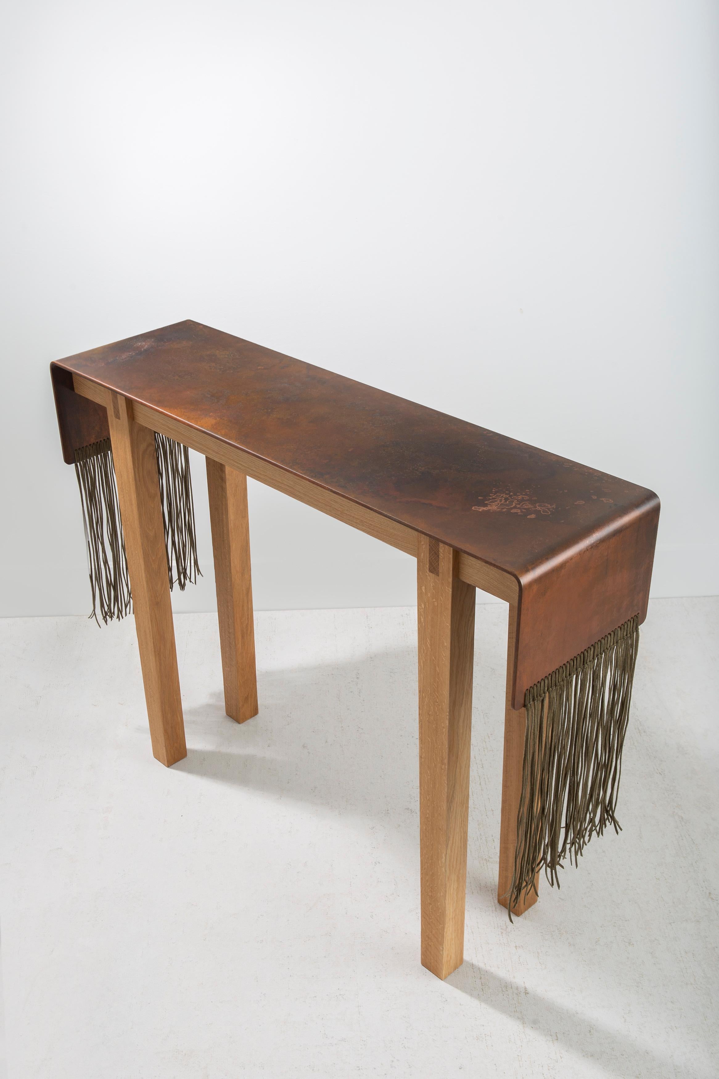 Modern Tribal Patinated Steel, Suede and Oak Console Table by Vivian Carbonell For Sale 2