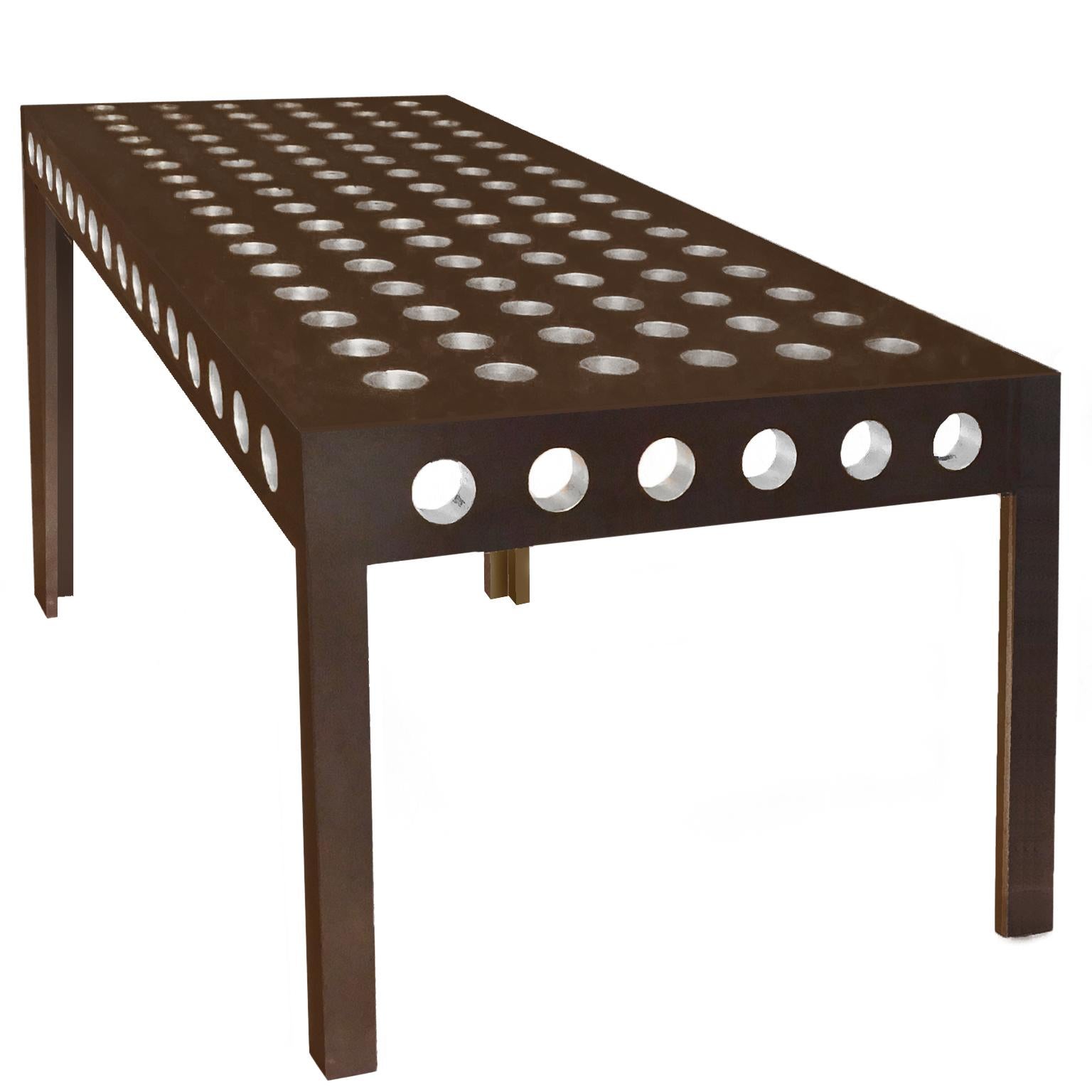 Contemporary Steel Table with with applied gold or silver leaf in holes For Sale
