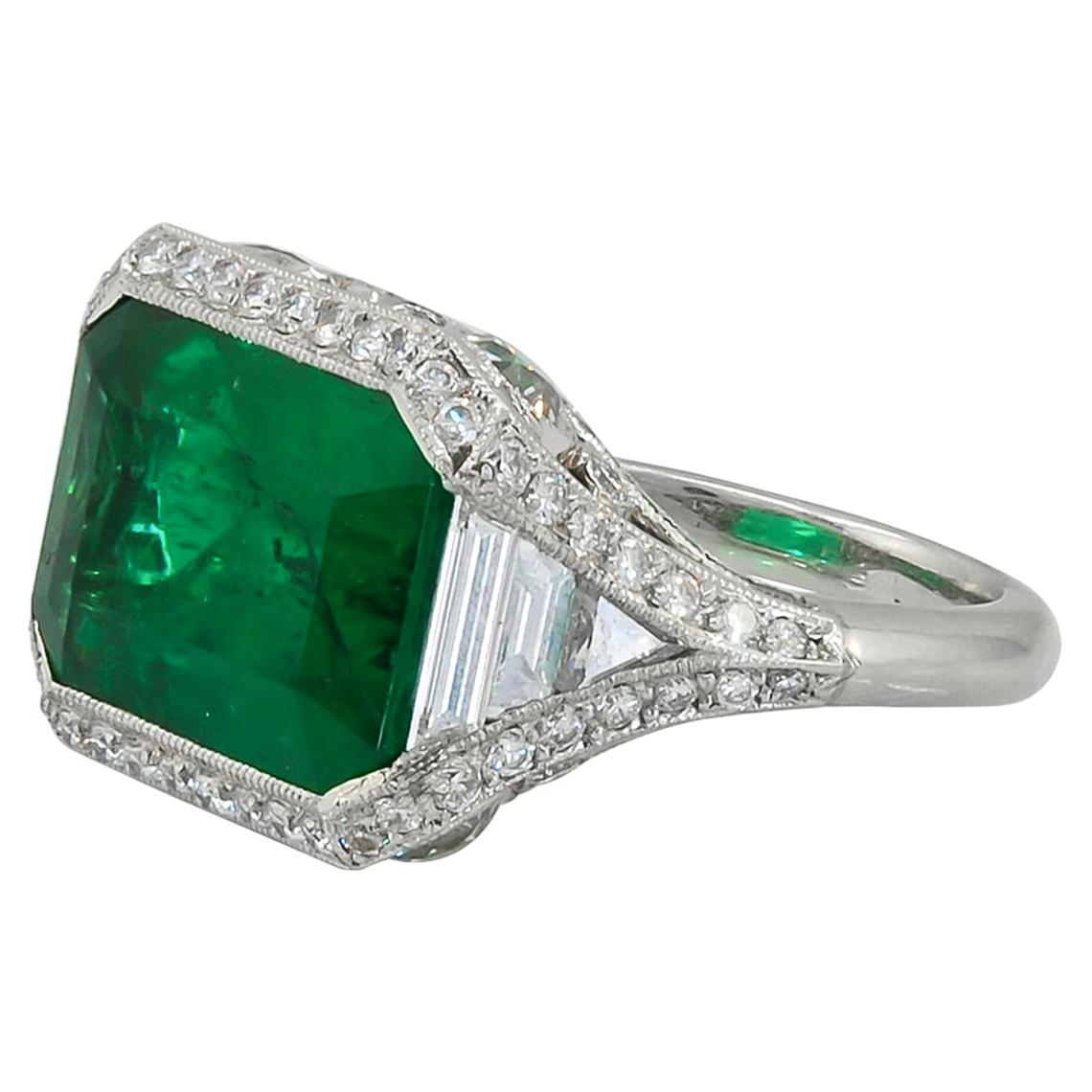 Contemporary Step Cut Emerald Diamond Ring 9.68 Carat For Sale